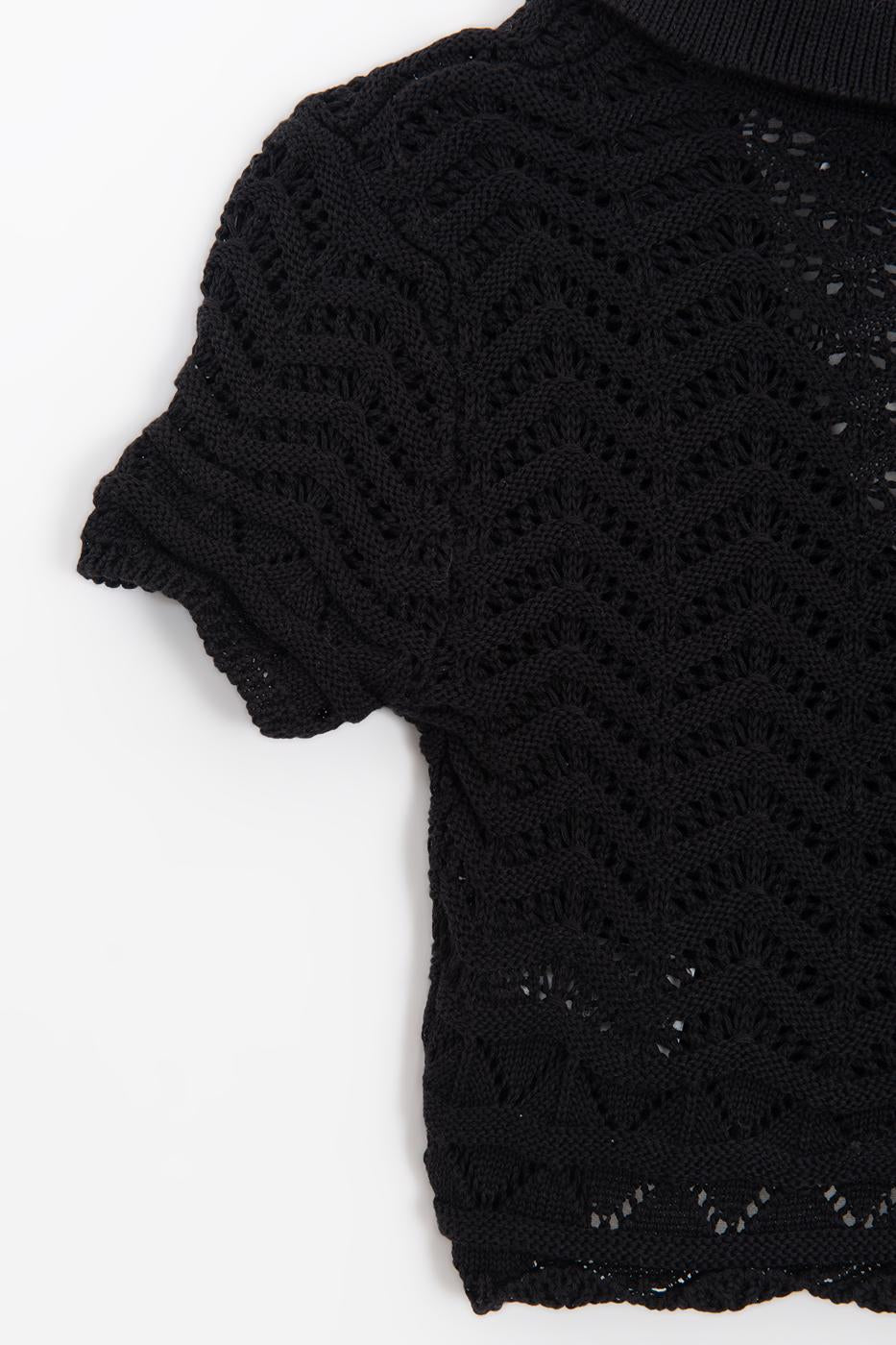 Openwork Knit Polo Collar Crop Blouse Black