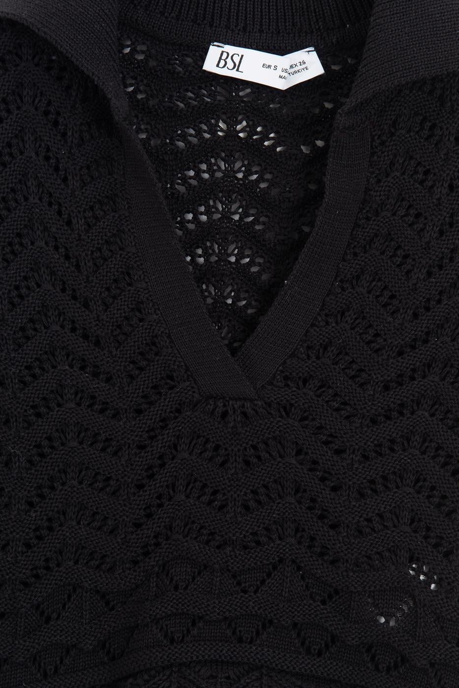 Openwork Knit Polo Collar Crop Blouse Black