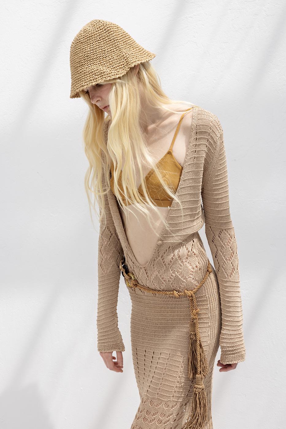 Openwork Long Knitted Dress Beige