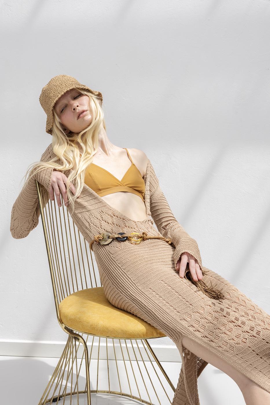 Openwork Long Knitted Dress Beige