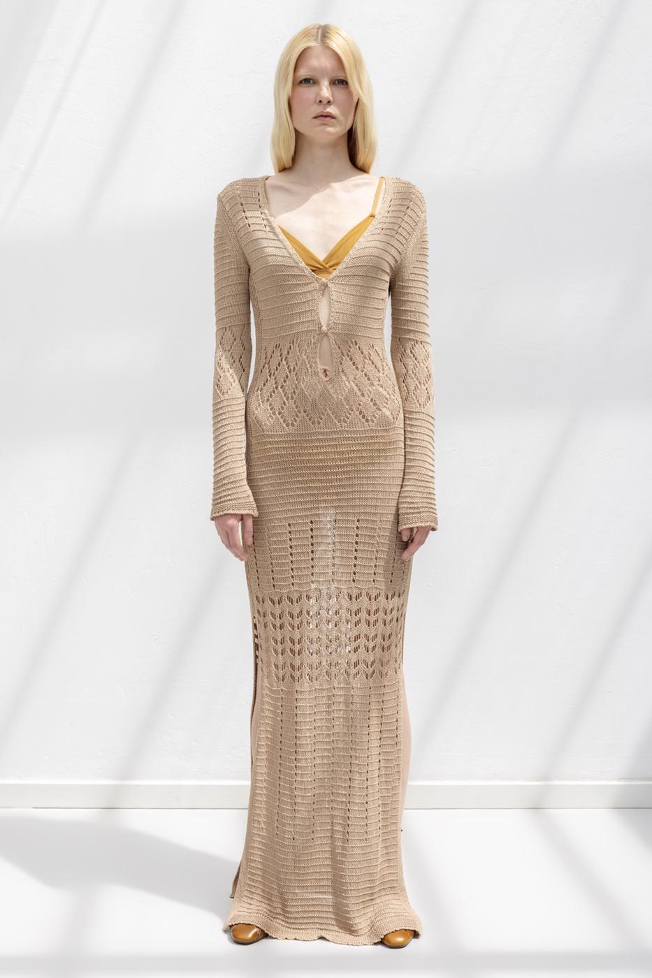 Openwork Long Knitted Dress Beige