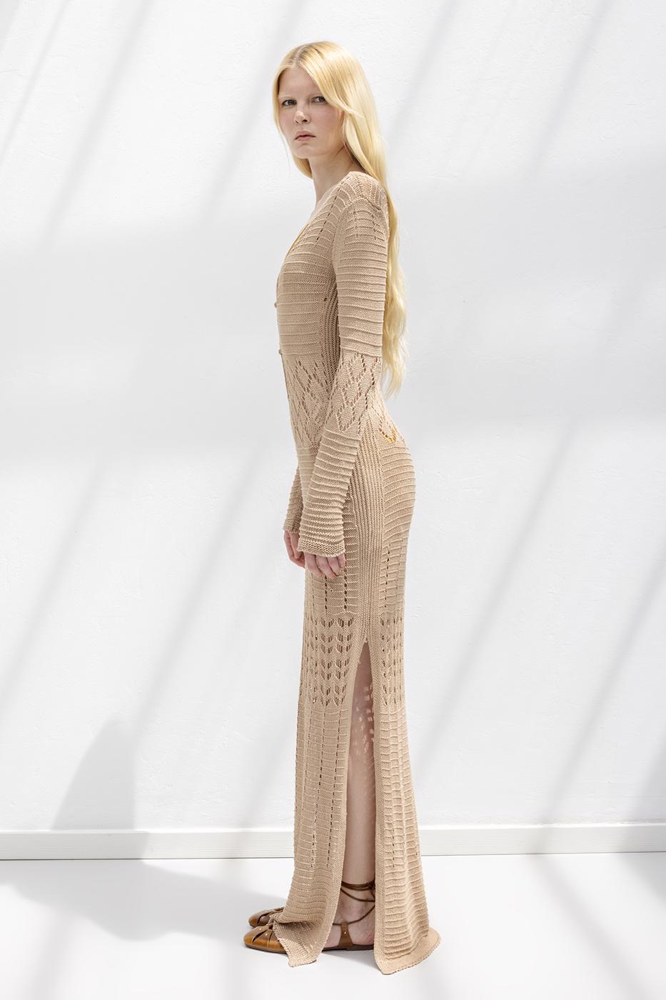 Openwork Long Knitted Dress Beige