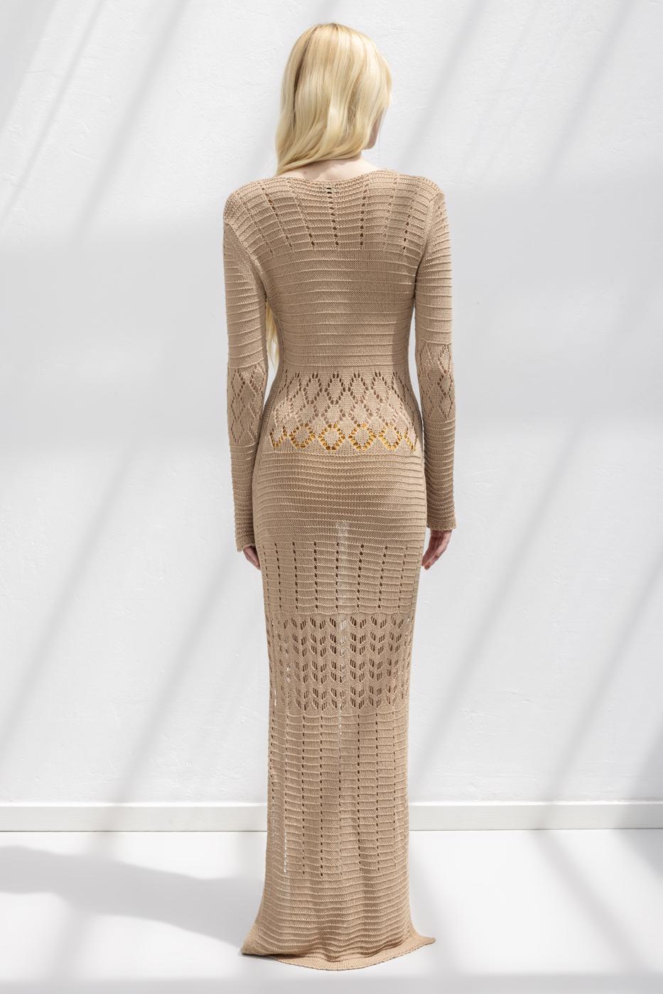 Openwork Long Knitted Dress Beige