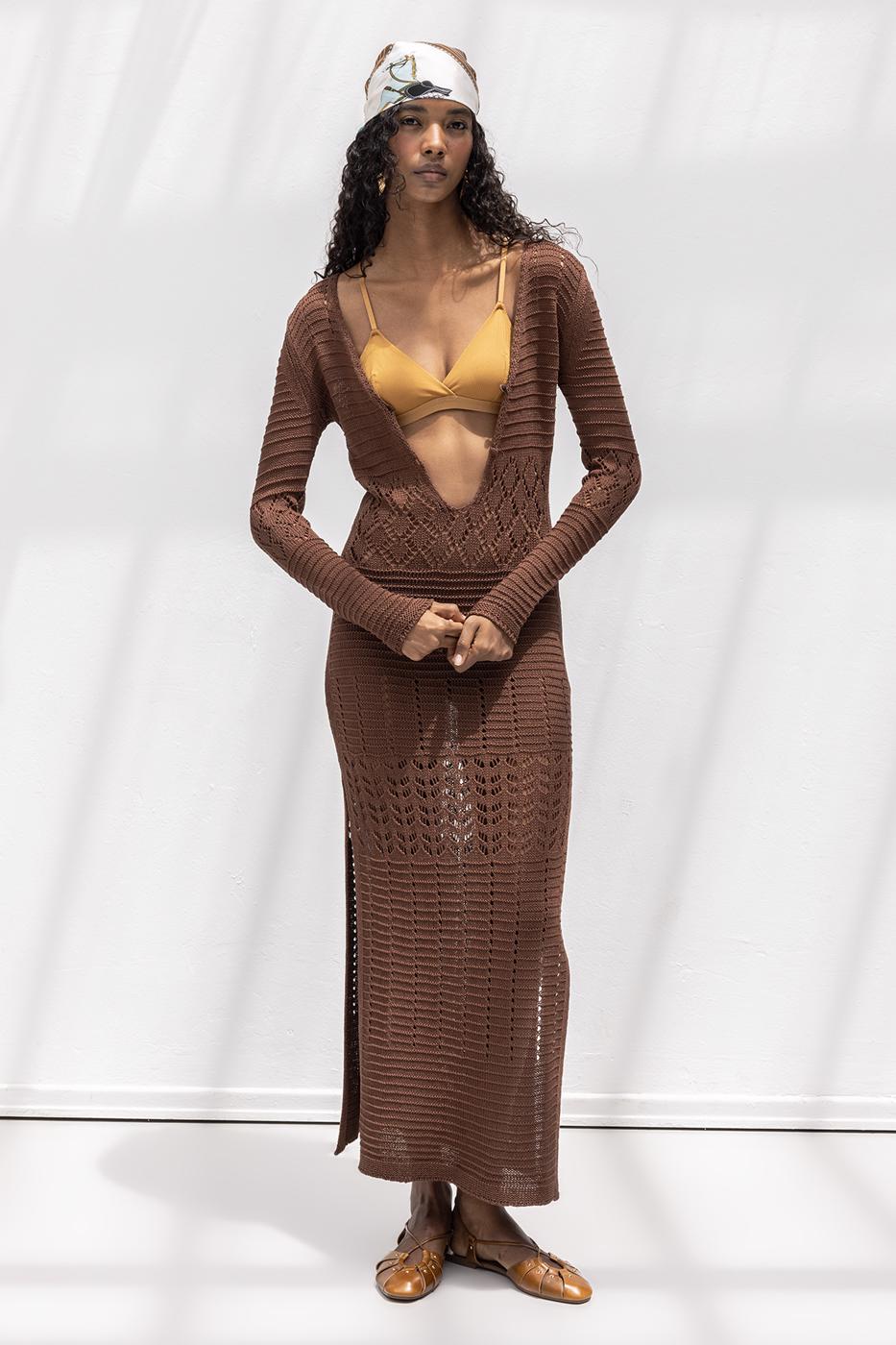 Openwork Long Knitted Dress Brown