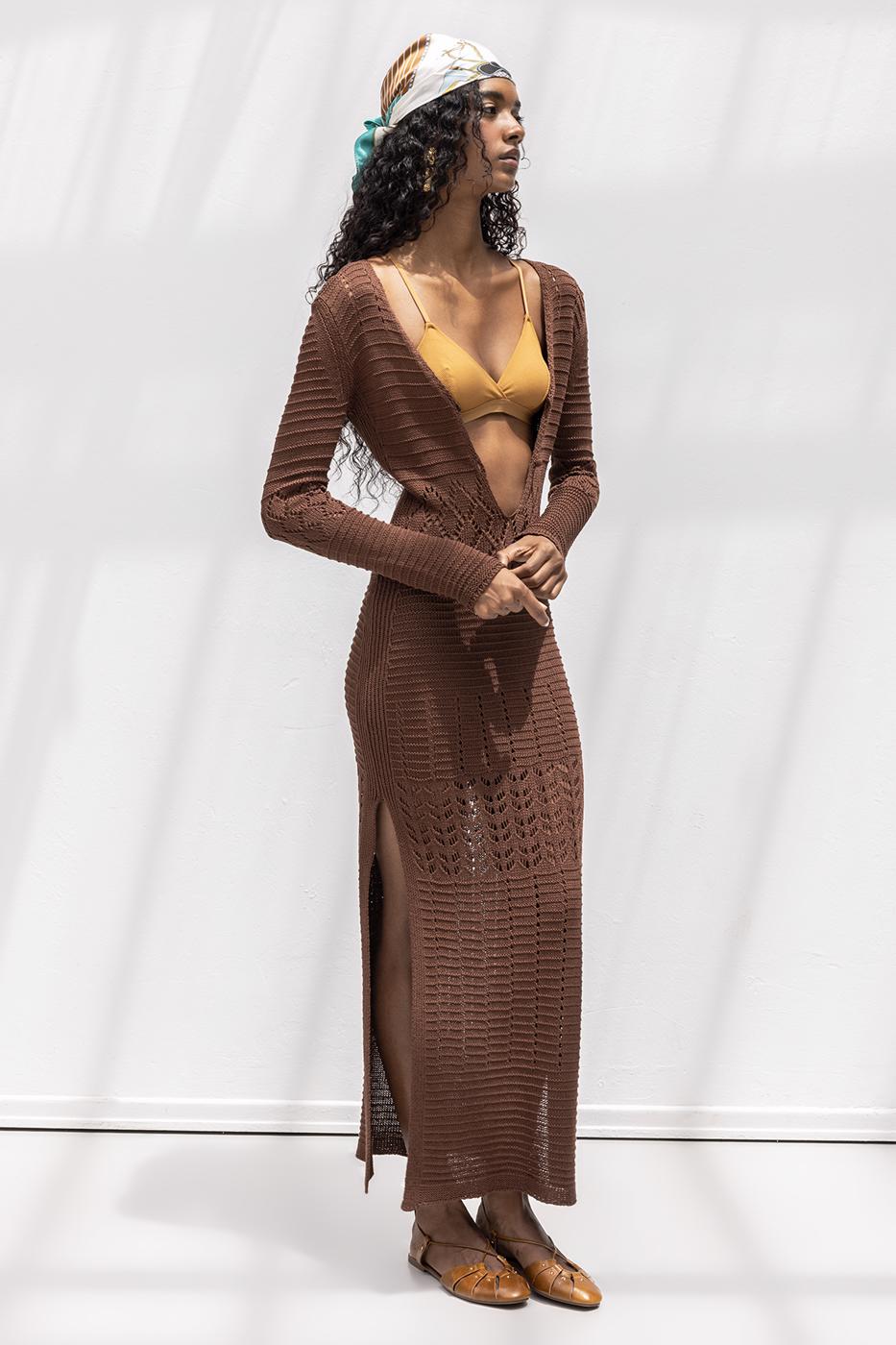 Openwork Long Knitted Dress Brown