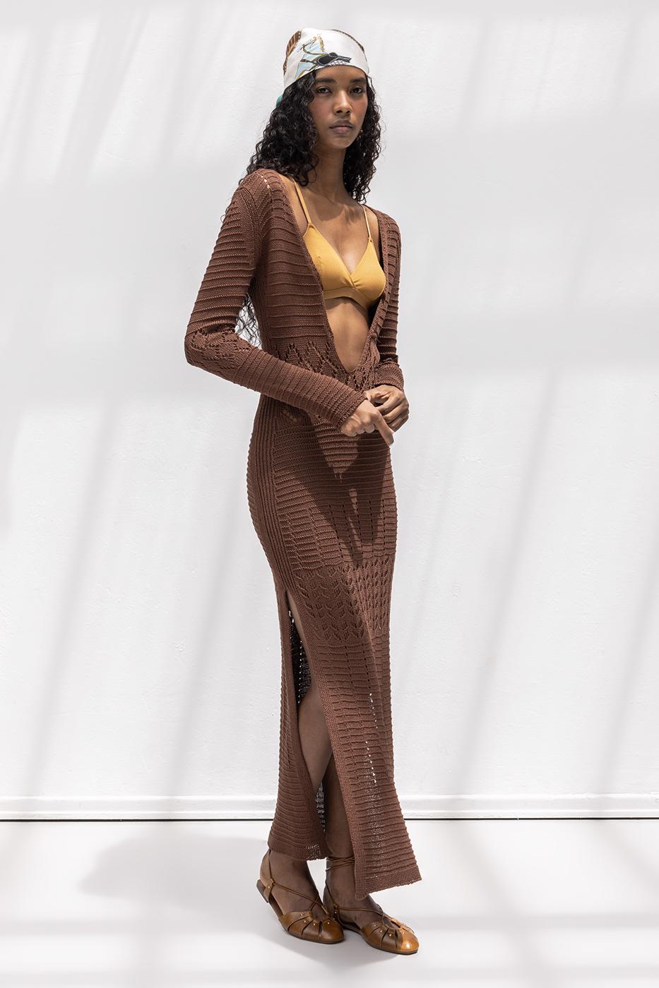 Openwork Long Knitted Dress Brown