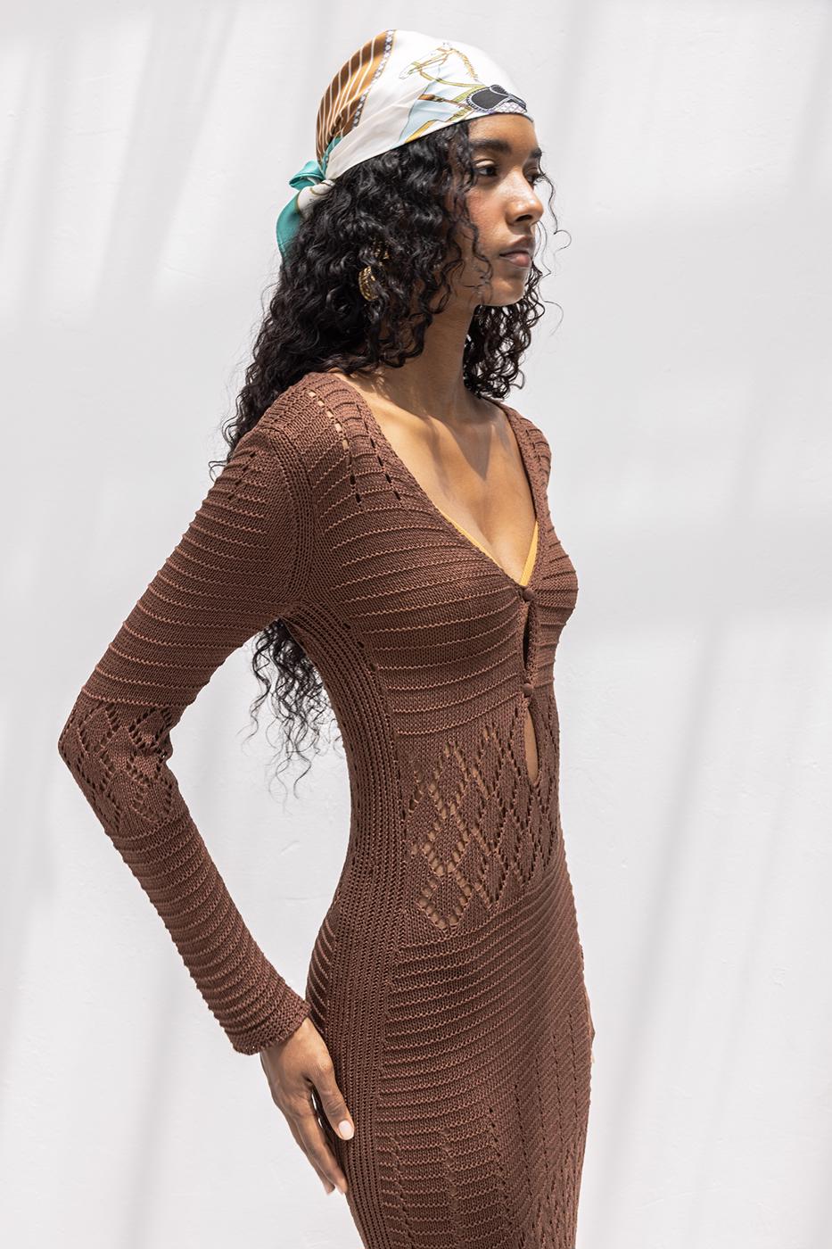 Openwork Long Knitted Dress Brown
