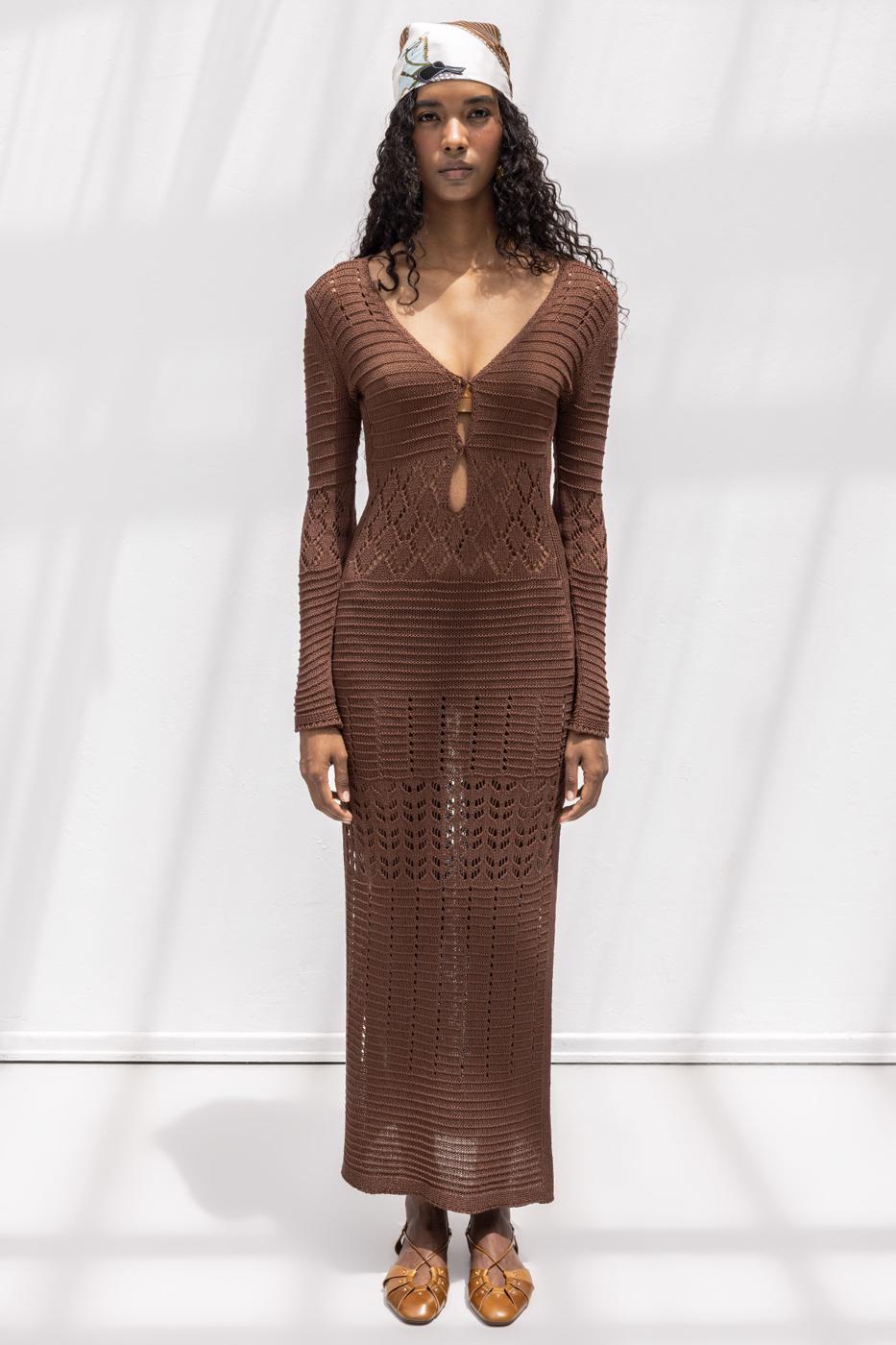 Openwork Long Knitted Dress Brown
