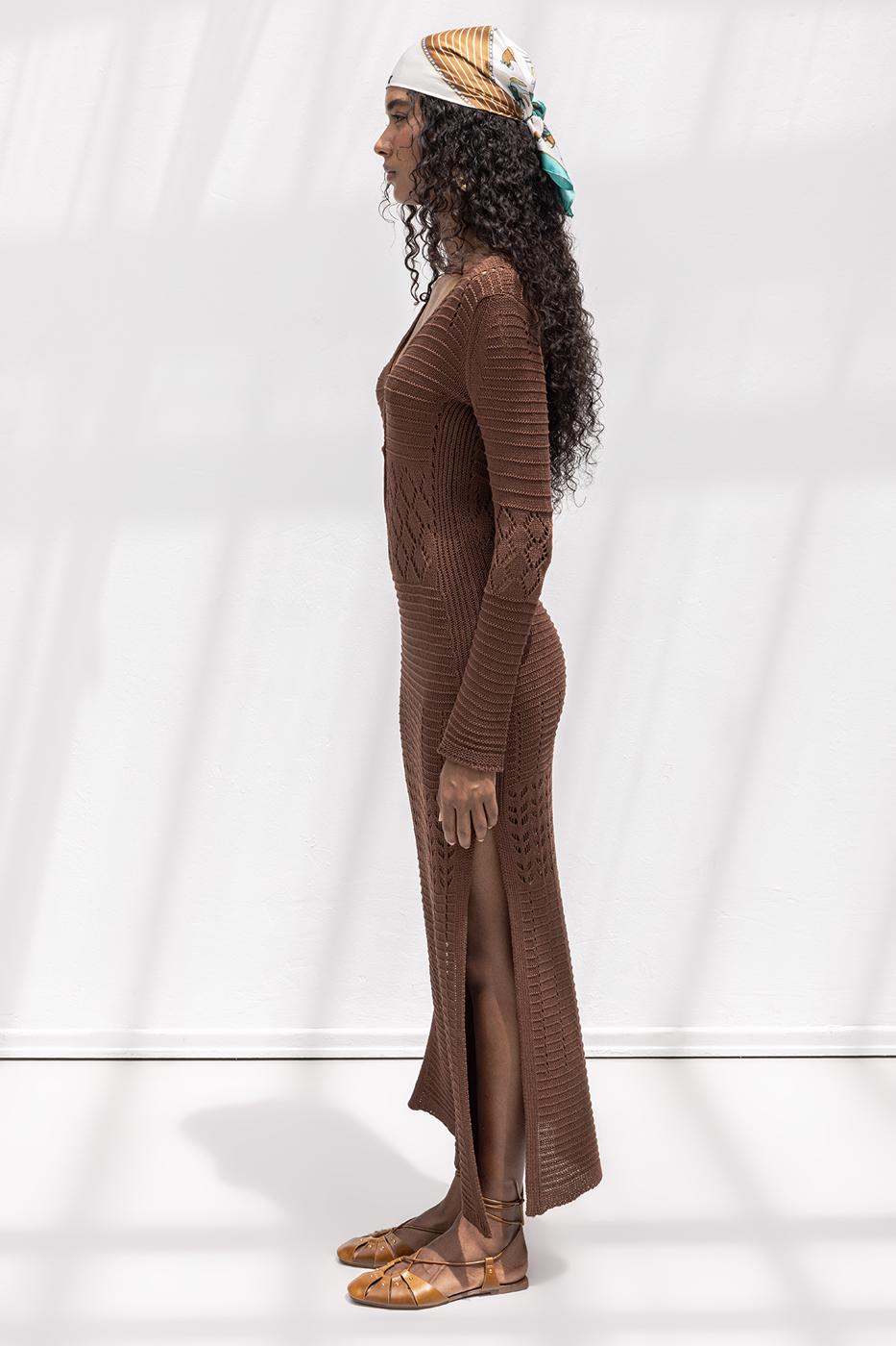 Openwork Long Knitted Dress Brown