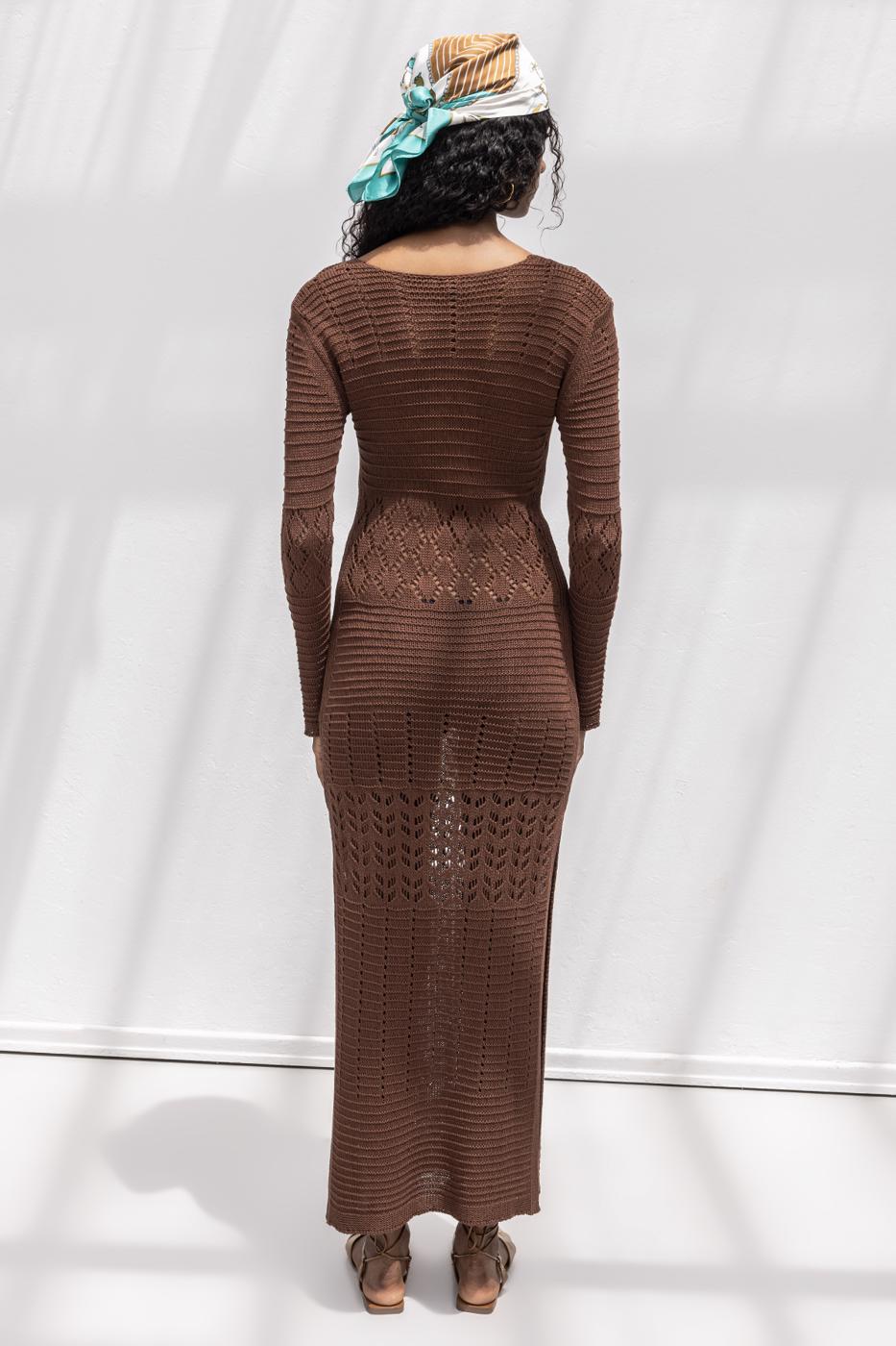 Openwork Long Knitted Dress Brown