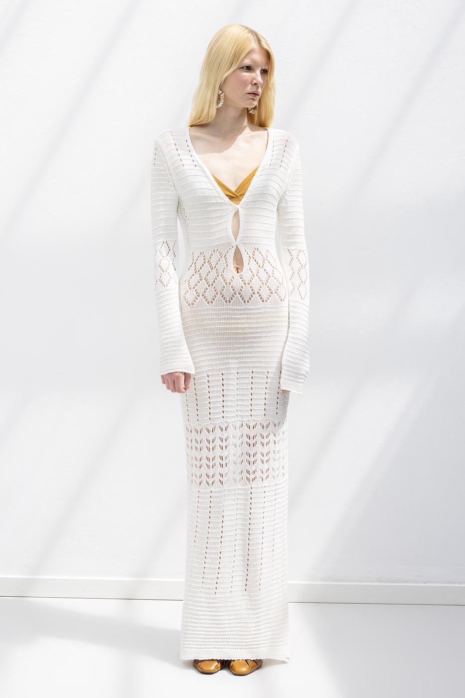Openwork Long Knitted Dress Off whıte