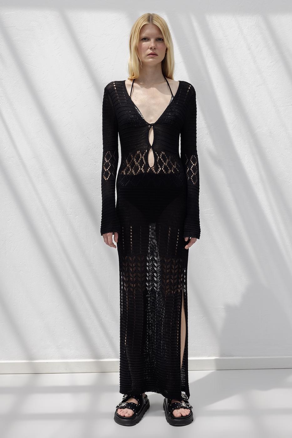 Openwork Long Knitted Dress Black