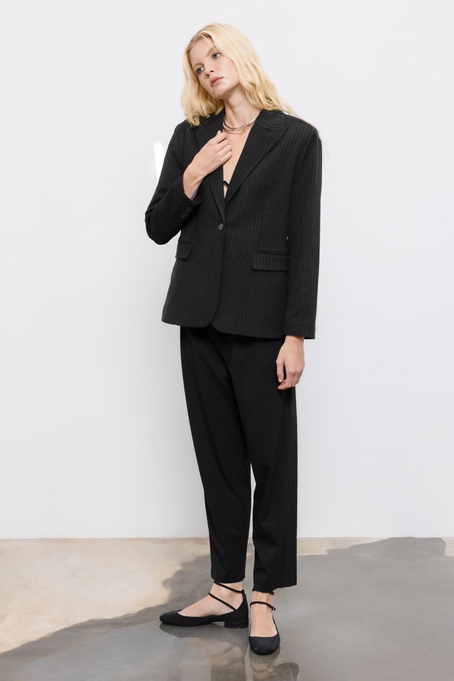 Pleated Fabric Trousers with Back Waist Elastic Black