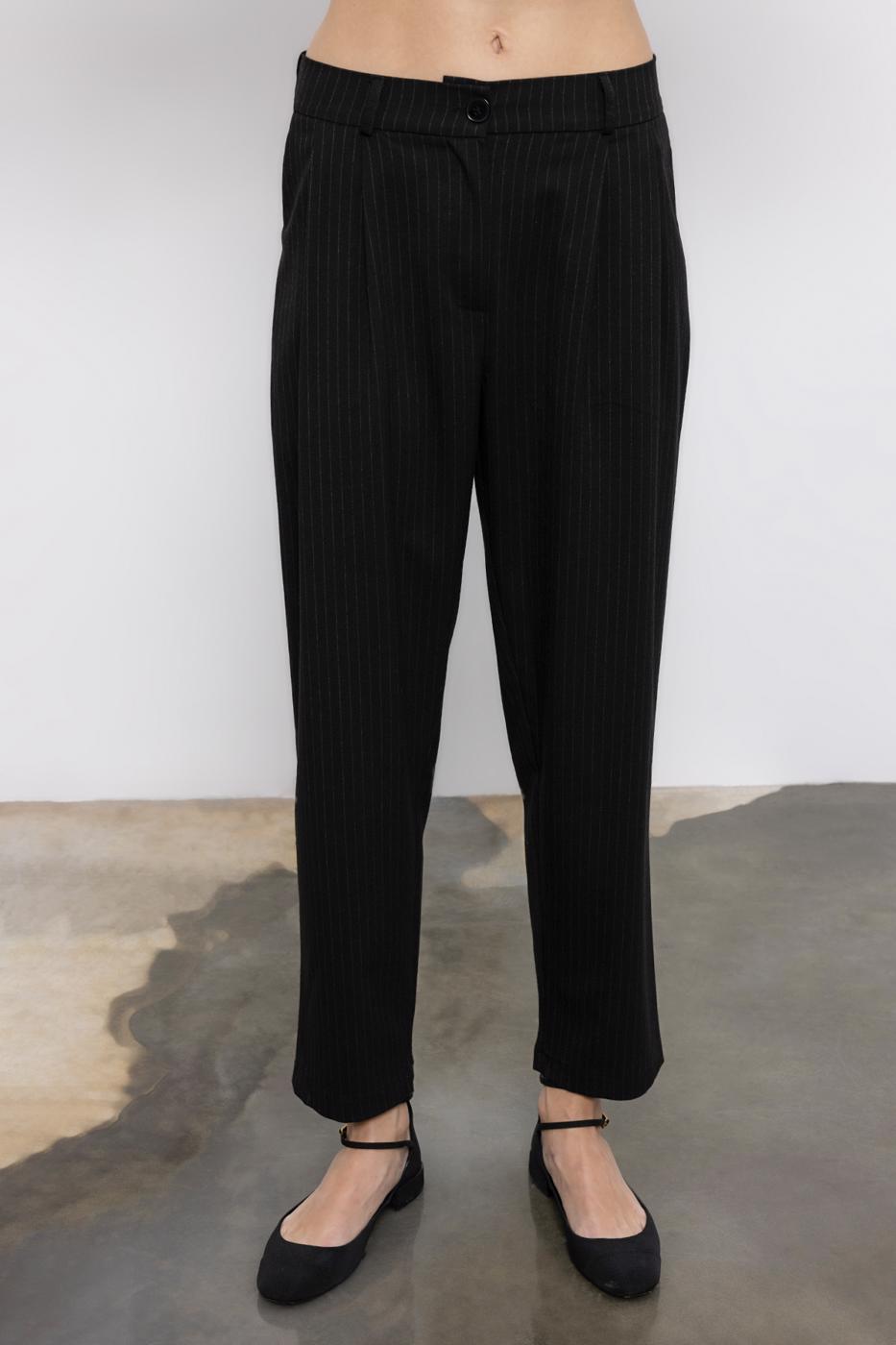 Pleated Fabric Trousers with Back Waist Elastic Black