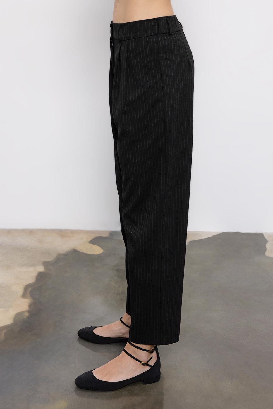 Pleated Fabric Trousers with Back Waist Elastic Black