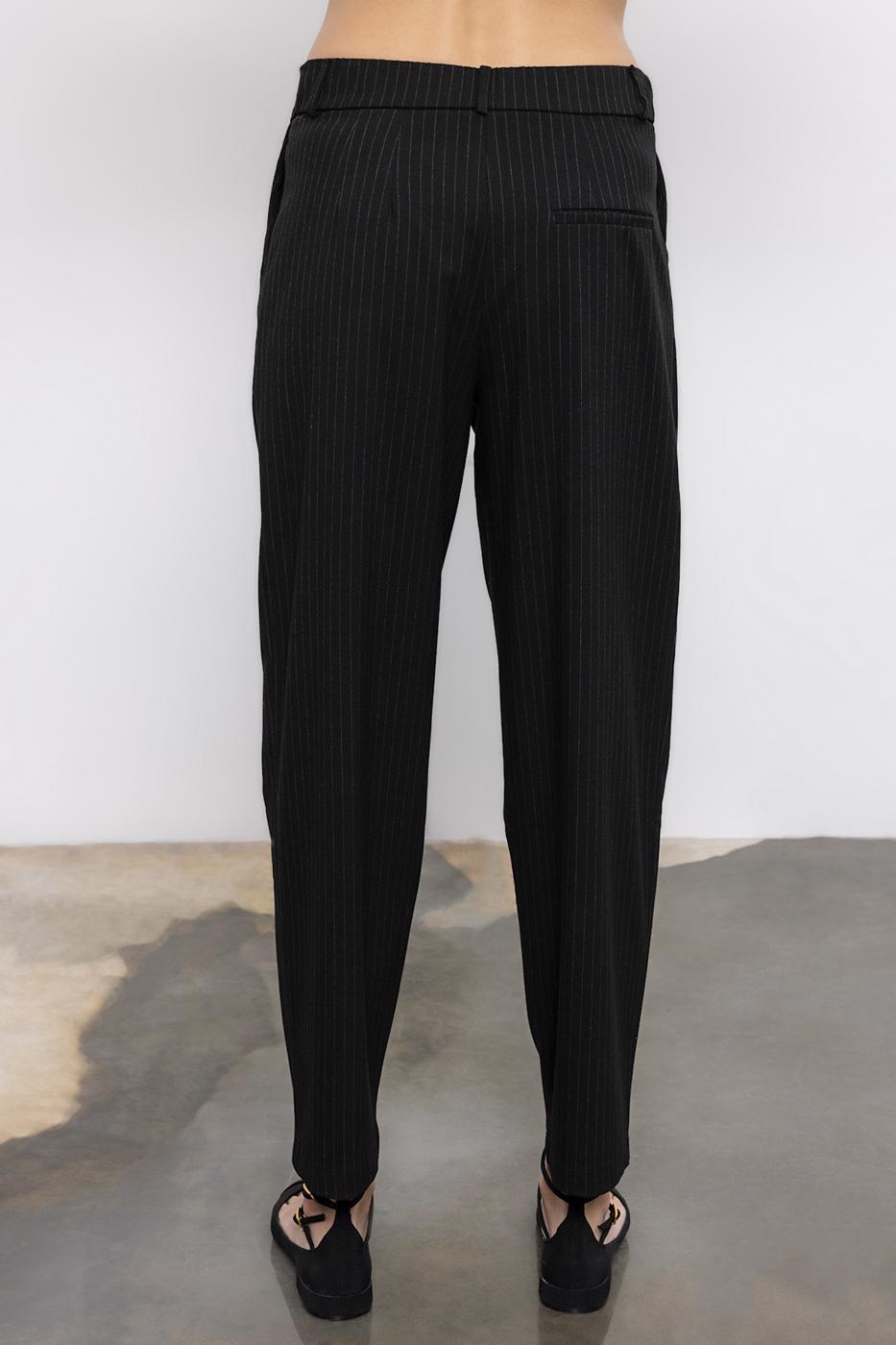 Pleated Fabric Trousers with Back Waist Elastic Black