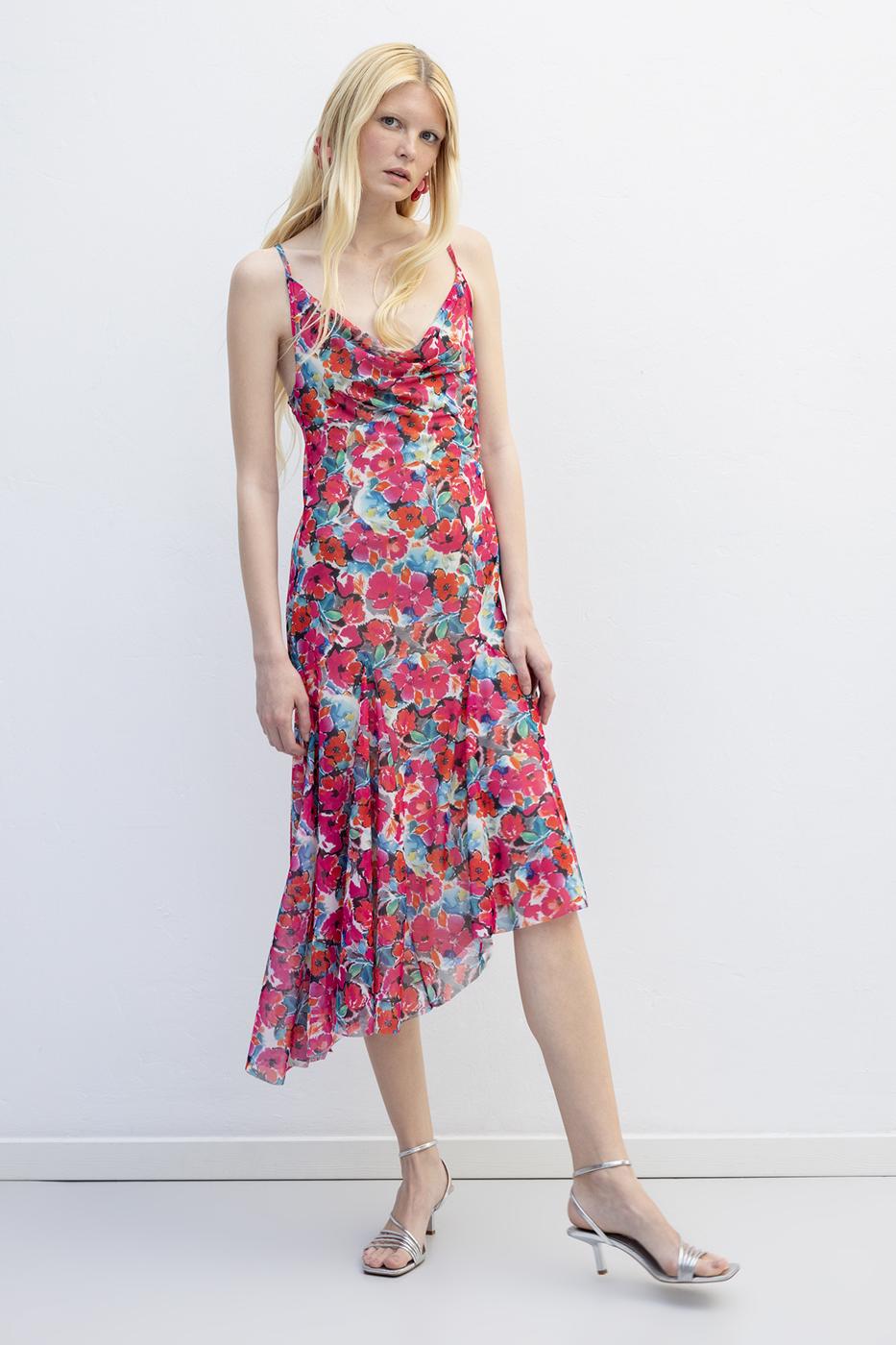 Asymmetric Skirt Detailed Midi Dress Pink