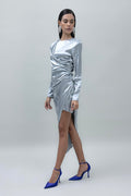 Asymmetrical Hem Detailed Satin Dress Grey
