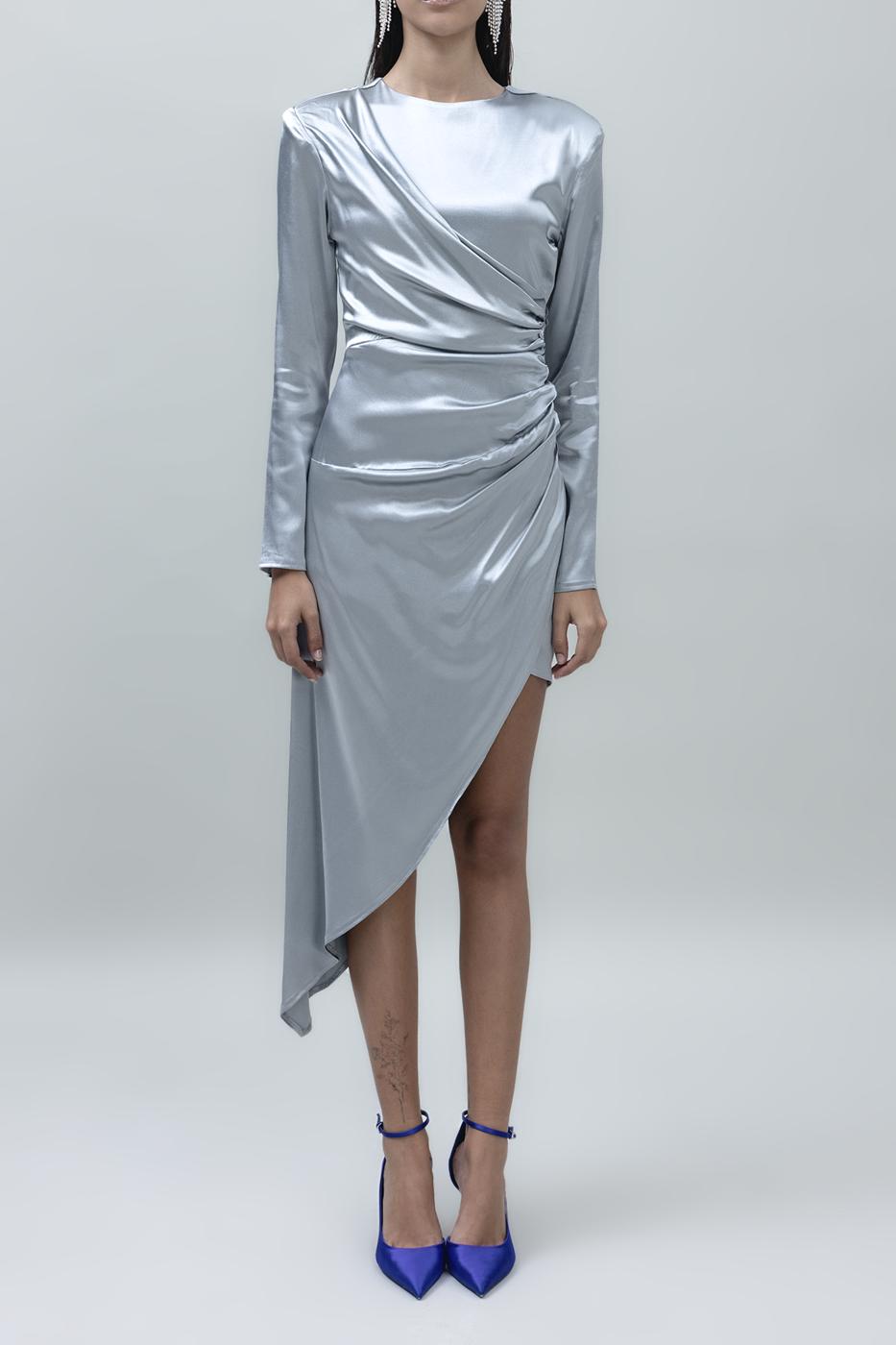 Asymmetrical Hem Detailed Satin Dress Grey