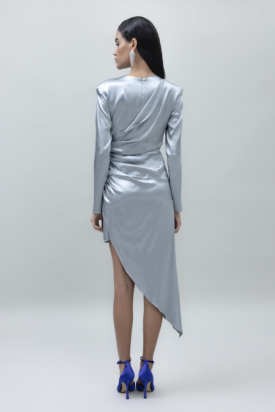 Asymmetrical Hem Detailed Satin Dress Grey