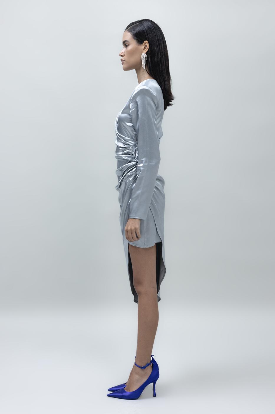 Asymmetrical Hem Detailed Satin Dress Grey