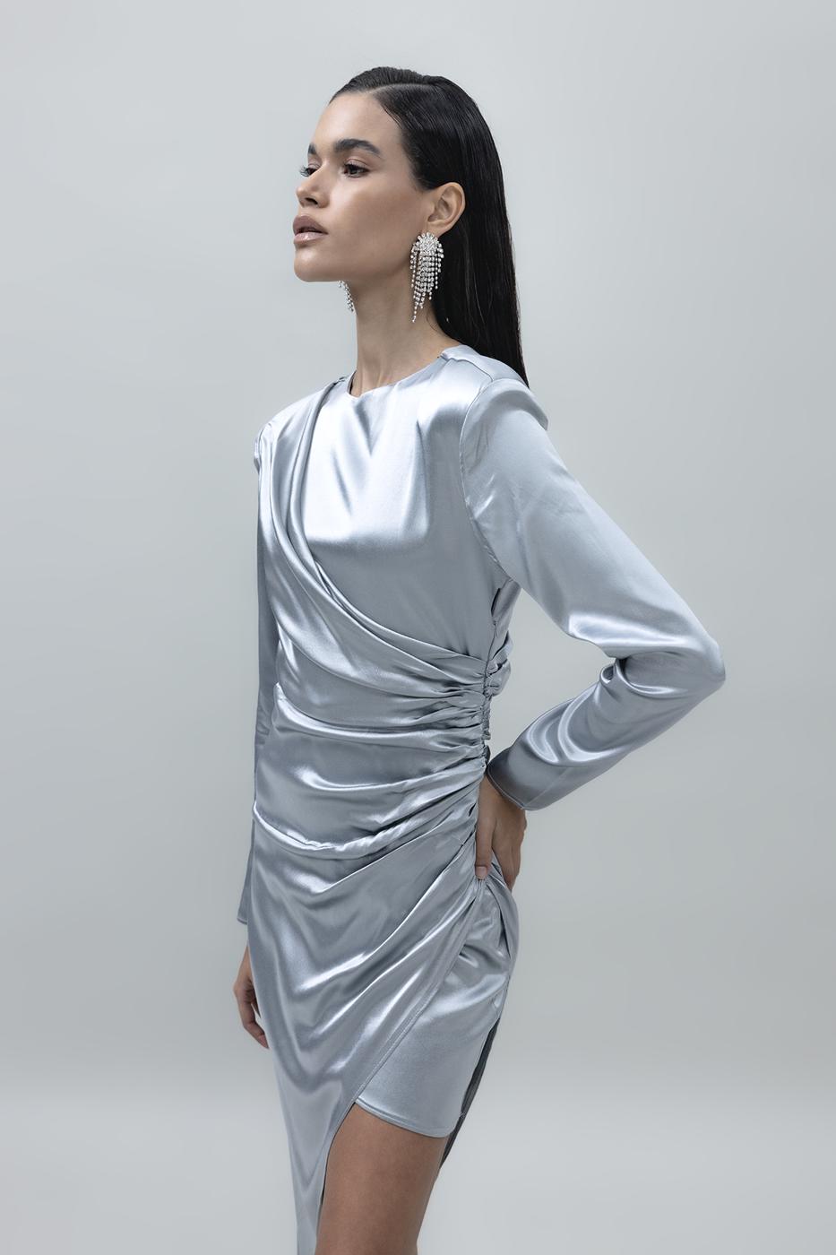 Asymmetrical Hem Detailed Satin Dress Grey