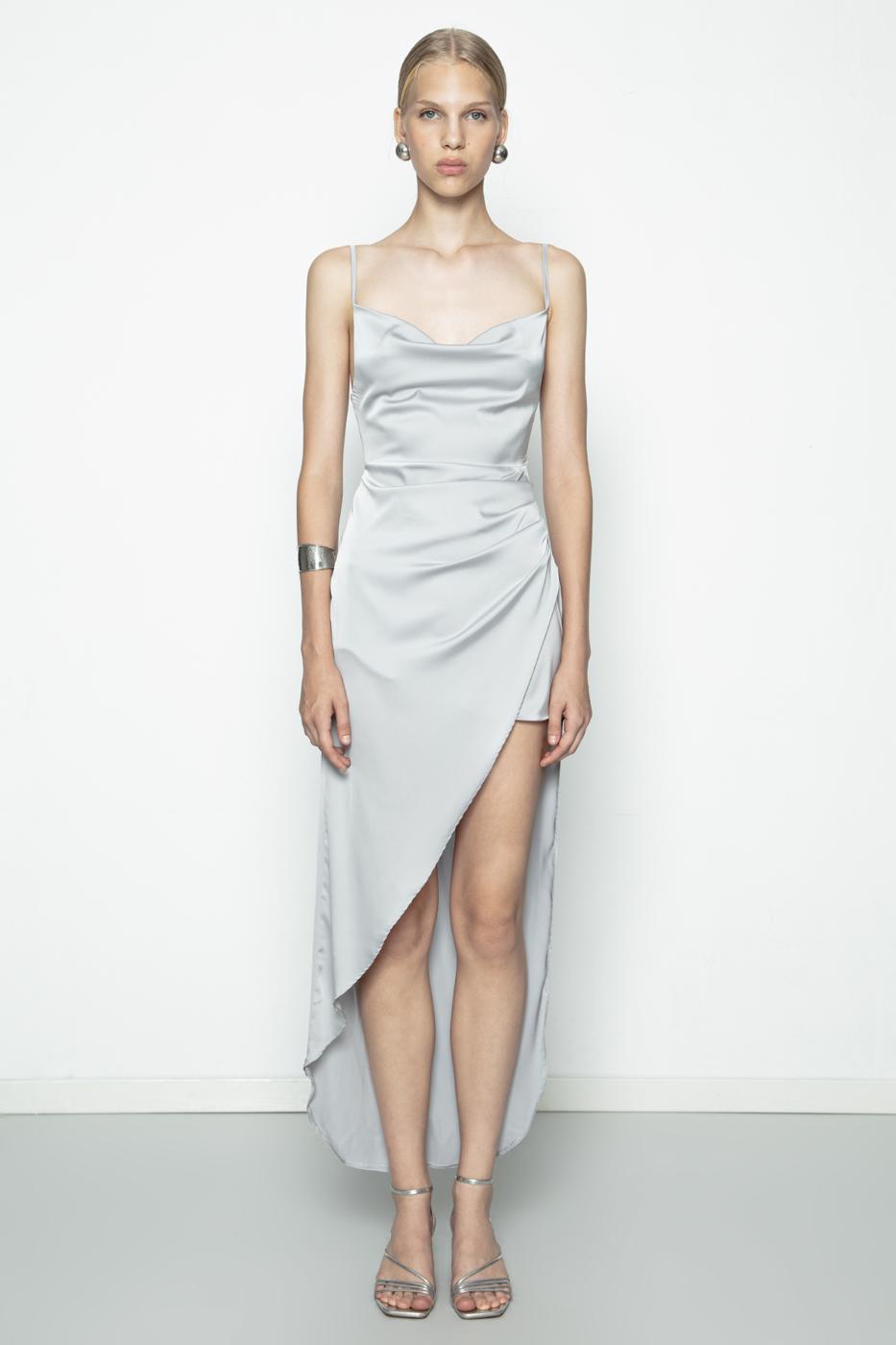 Satin Dress with Asymmetrical Skirt Detail Grey