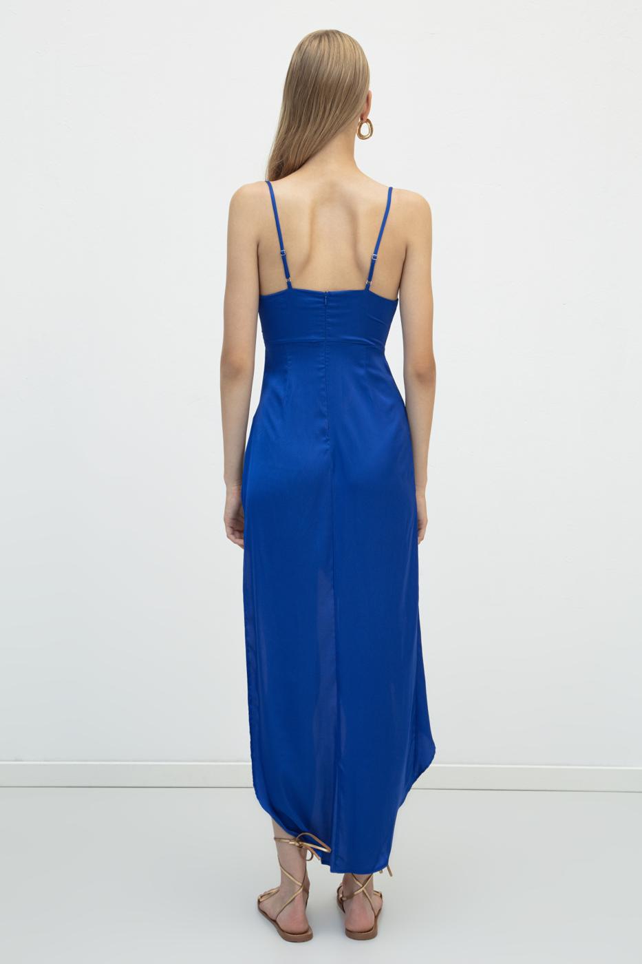 Satin Dress with Asymmetrical Skirt Detail Sax blue