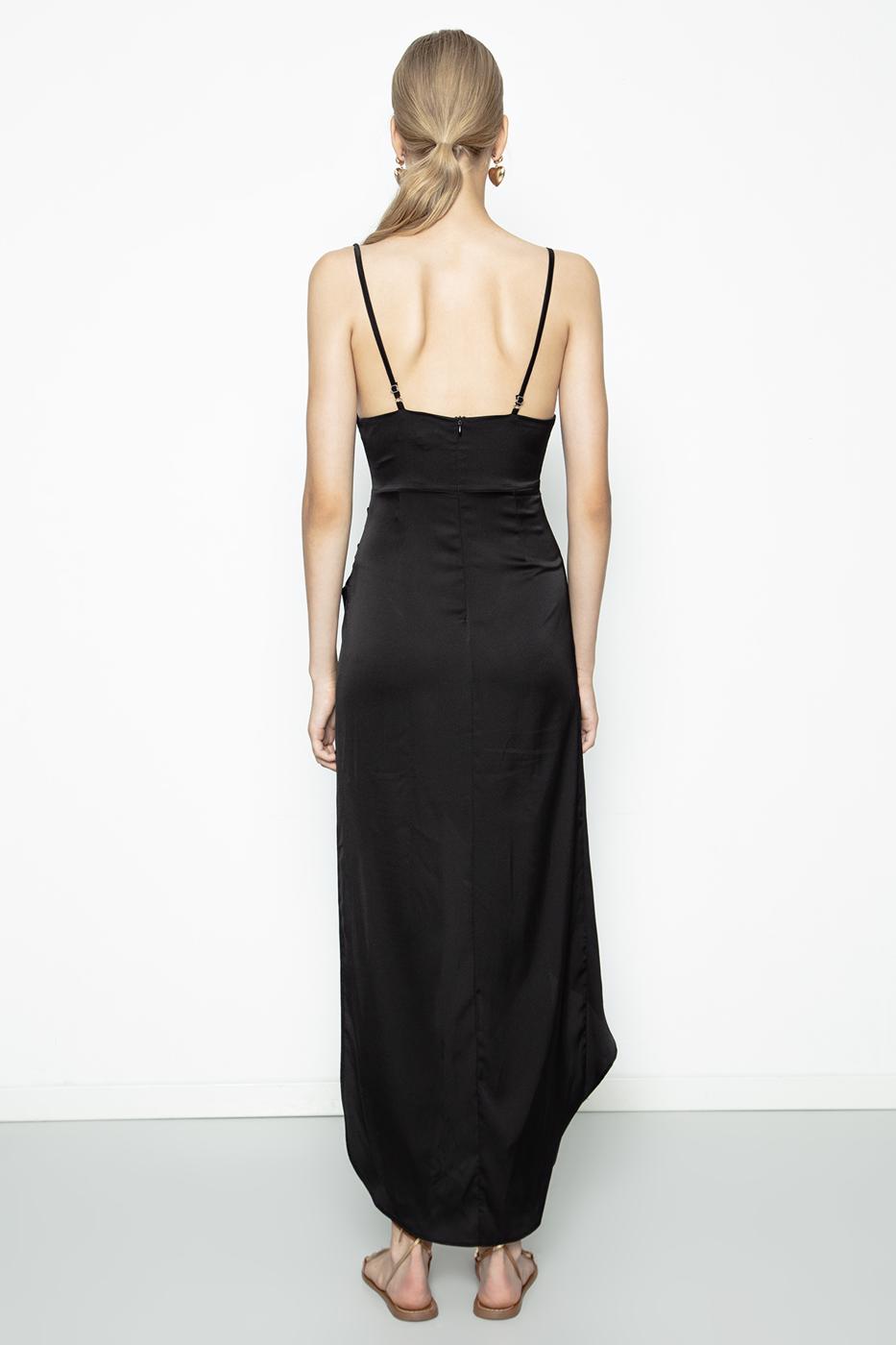 Satin Dress with Asymmetrical Skirt Detail Black