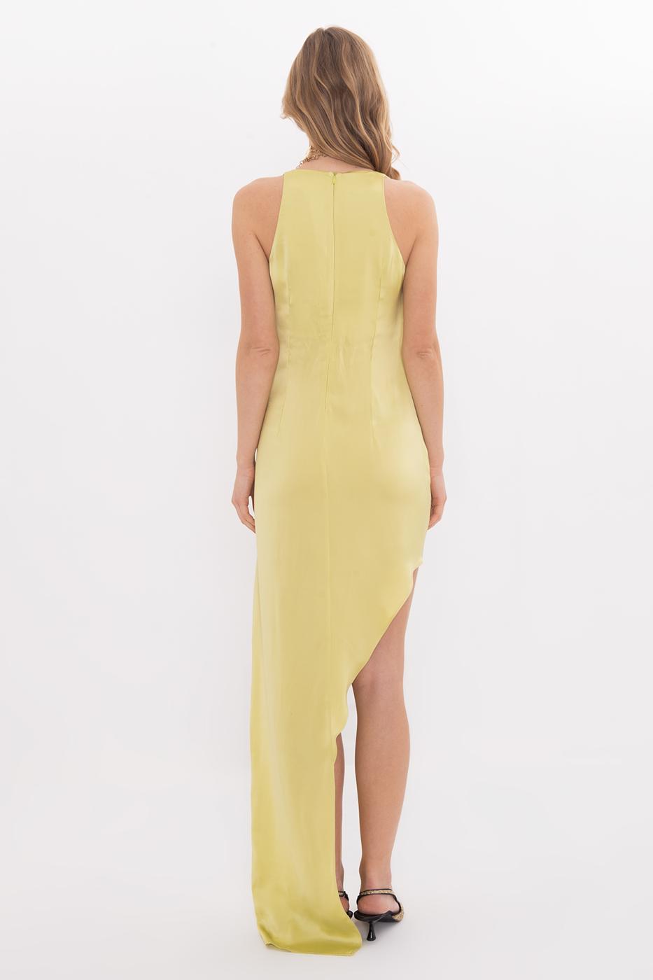 Satin Dress with Asymmetrical Skirt Detail Fıstık yeşili