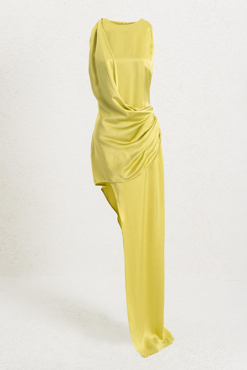 Satin Dress with Asymmetrical Skirt Detail Fıstık yeşili