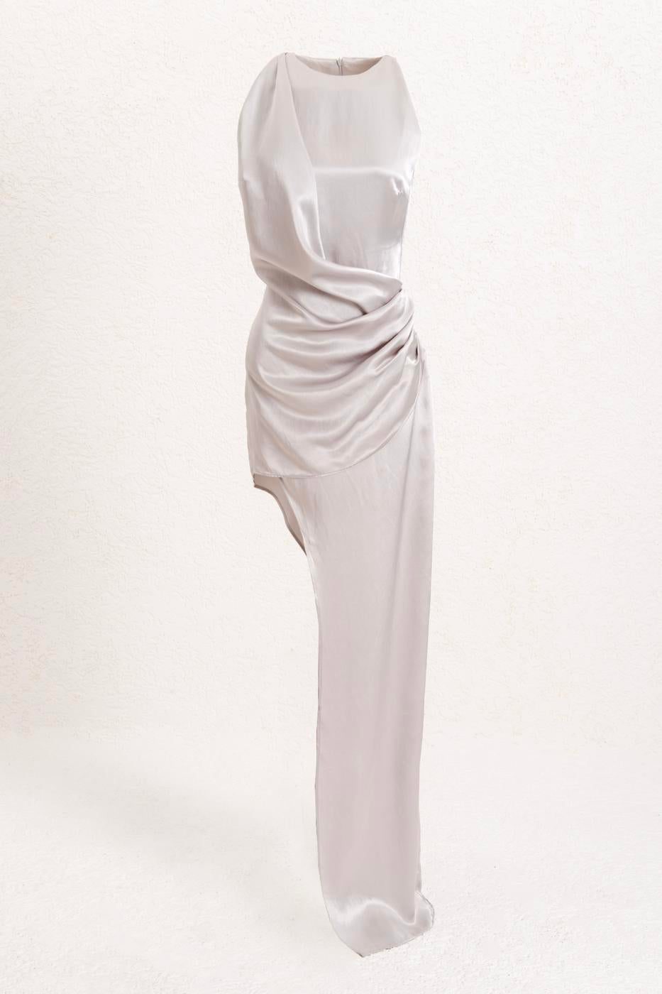 Satin Dress with Asymmetrical Skirt Detail Grey