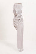 Satin Dress with Asymmetrical Skirt Detail Grey