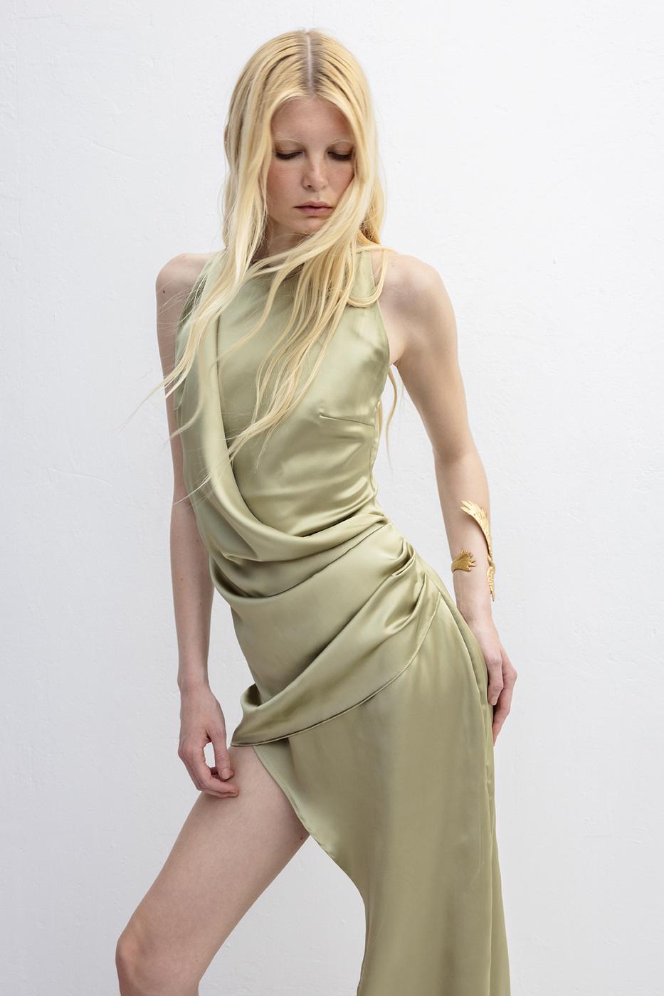 Satin Dress with Asymmetrical Skirt Detail Olive