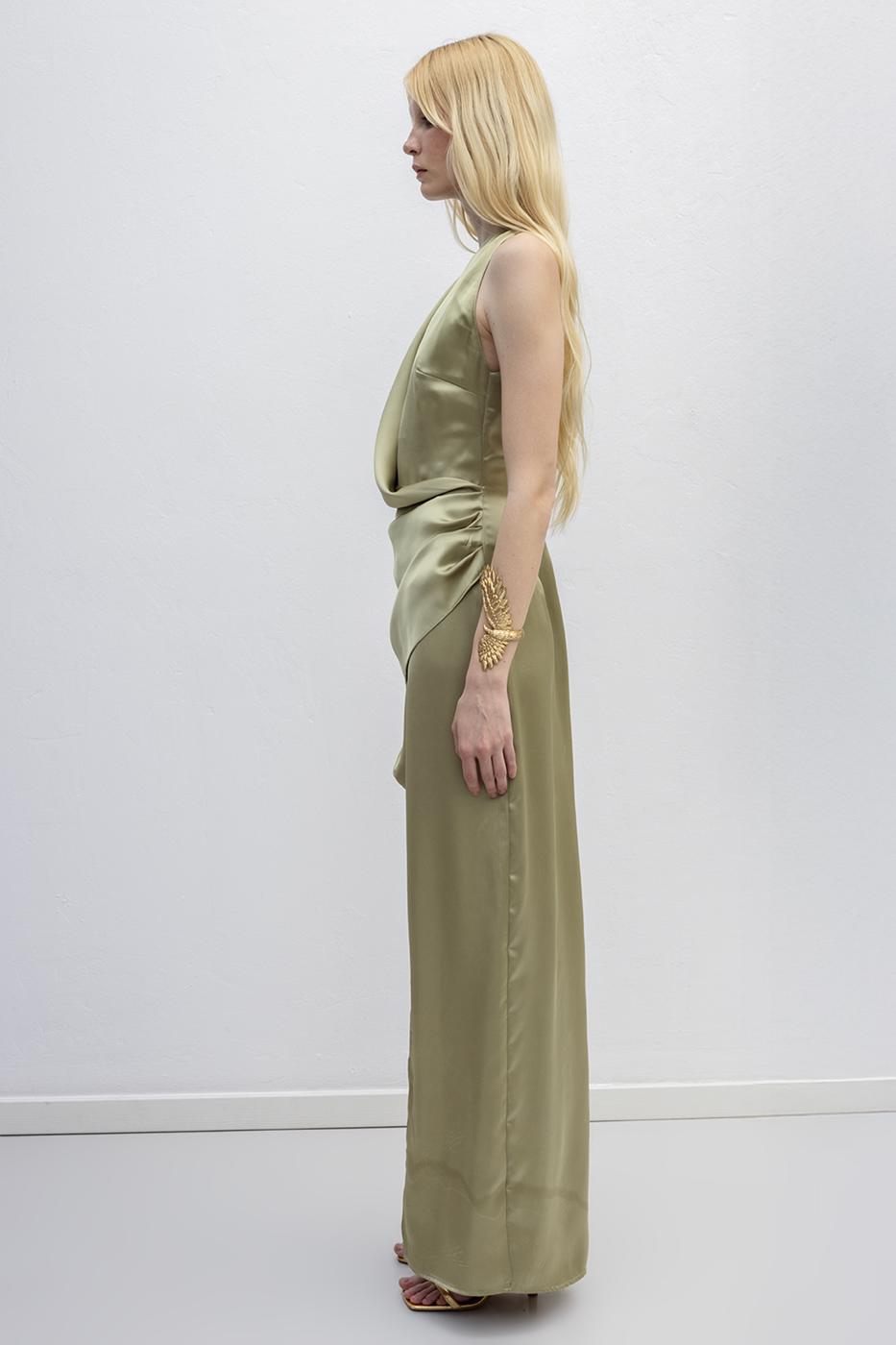 Satin Dress with Asymmetrical Skirt Detail Olive