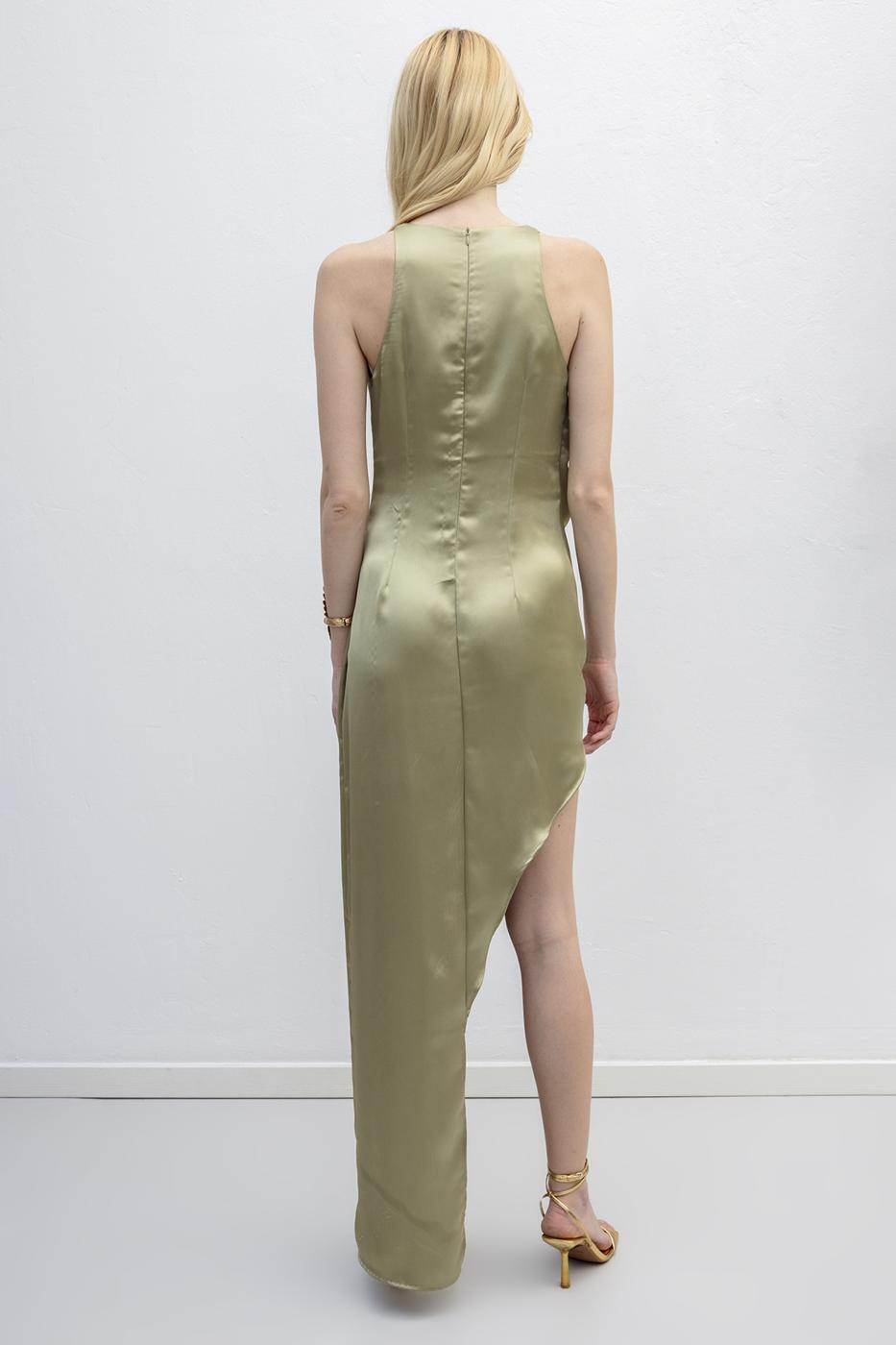 Satin Dress with Asymmetrical Skirt Detail Olive