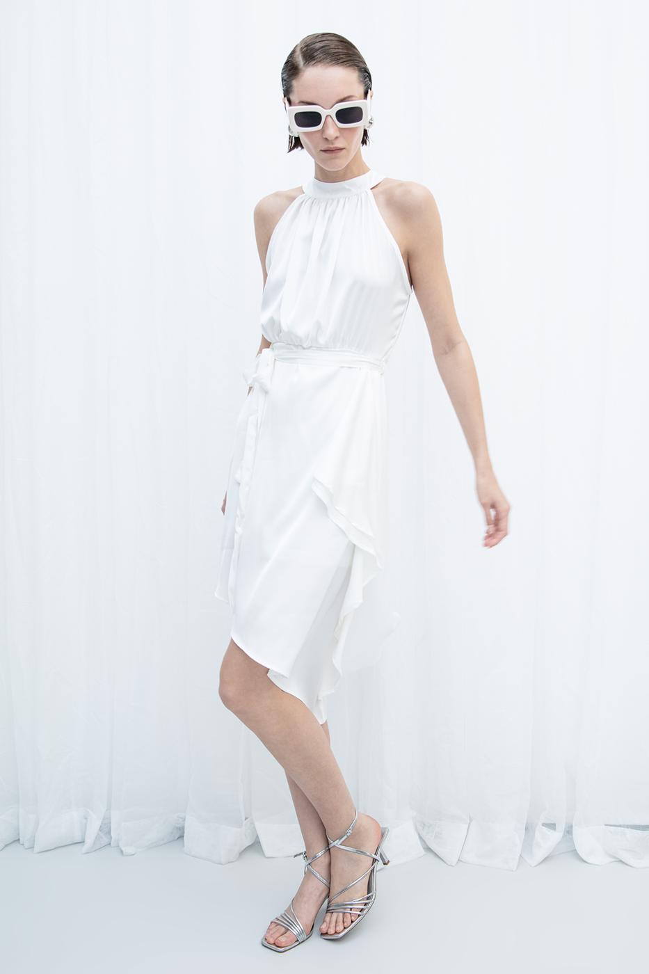 Satin Dress with Asymmetrical Hem Detail