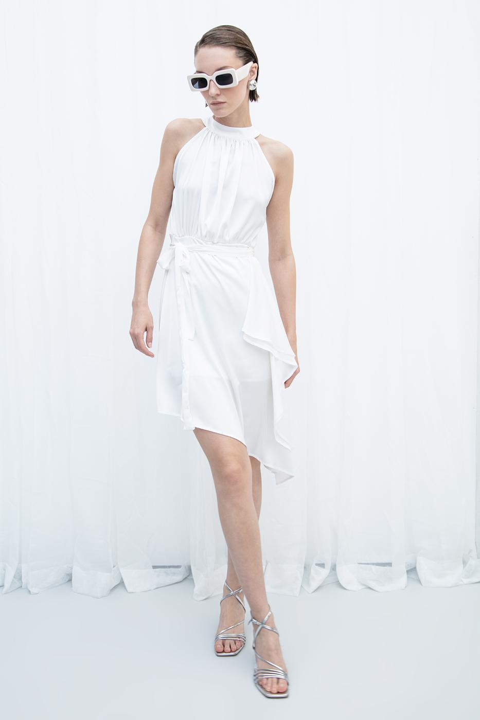Satin Dress with Asymmetrical Hem Detail