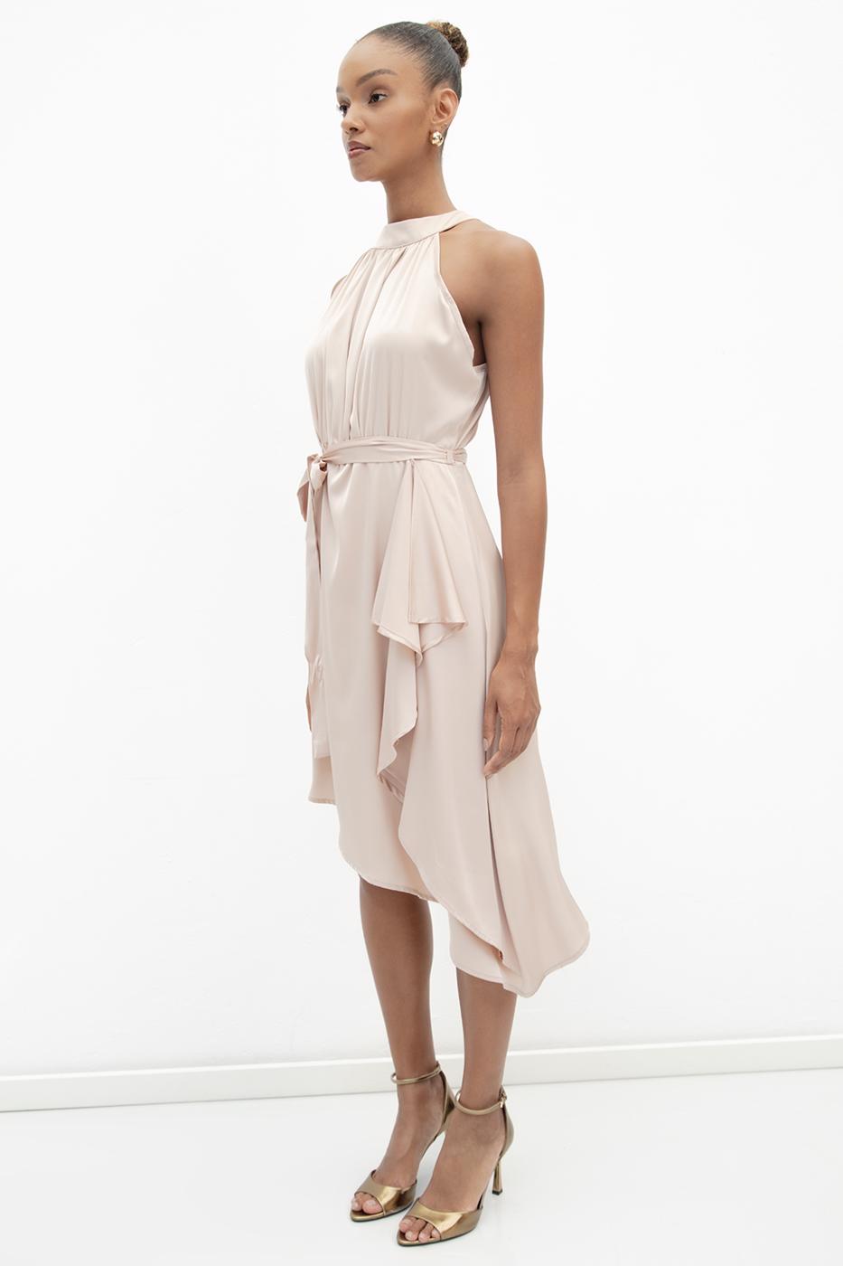 Satin Dress with Asymmetrical Hem Detail