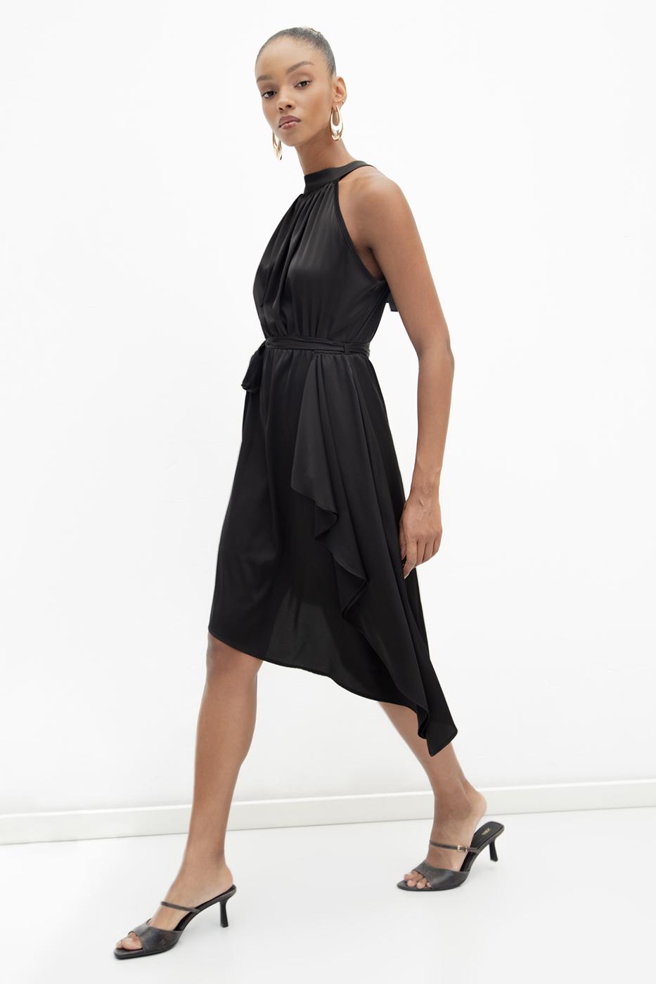 Satin Dress with Asymmetrical Hem Detail