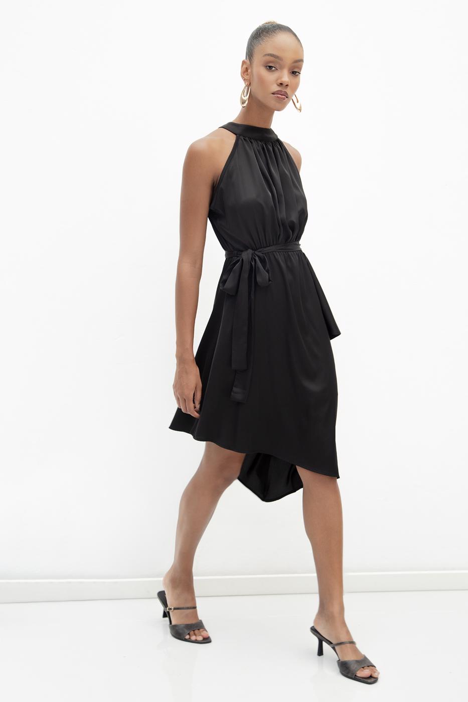 Satin Dress with Asymmetrical Hem Detail