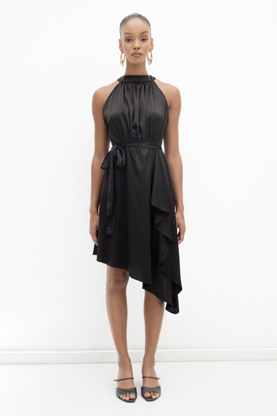Satin Dress with Asymmetrical Hem Detail