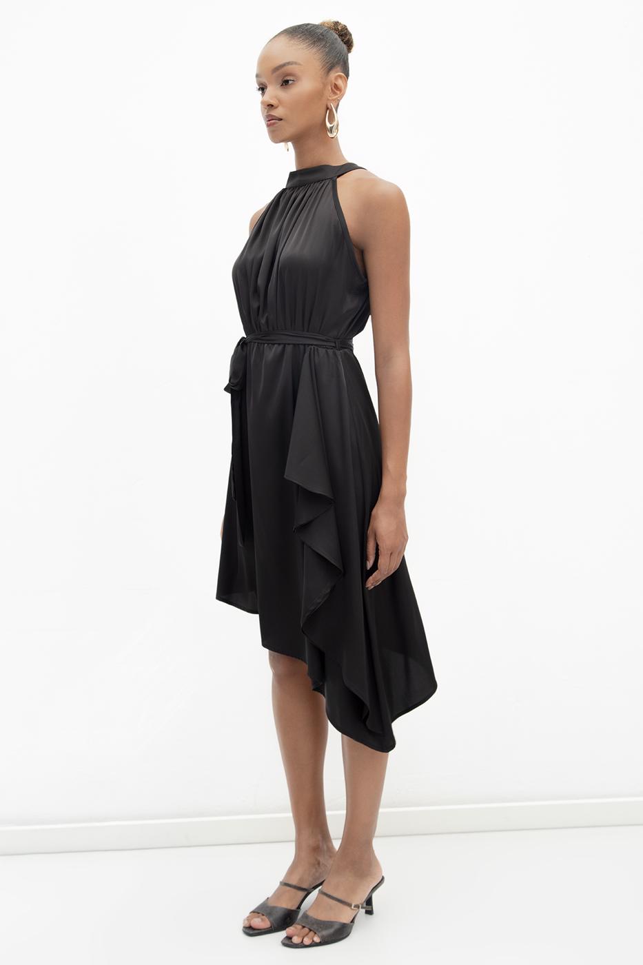 Satin Dress with Asymmetrical Hem Detail
