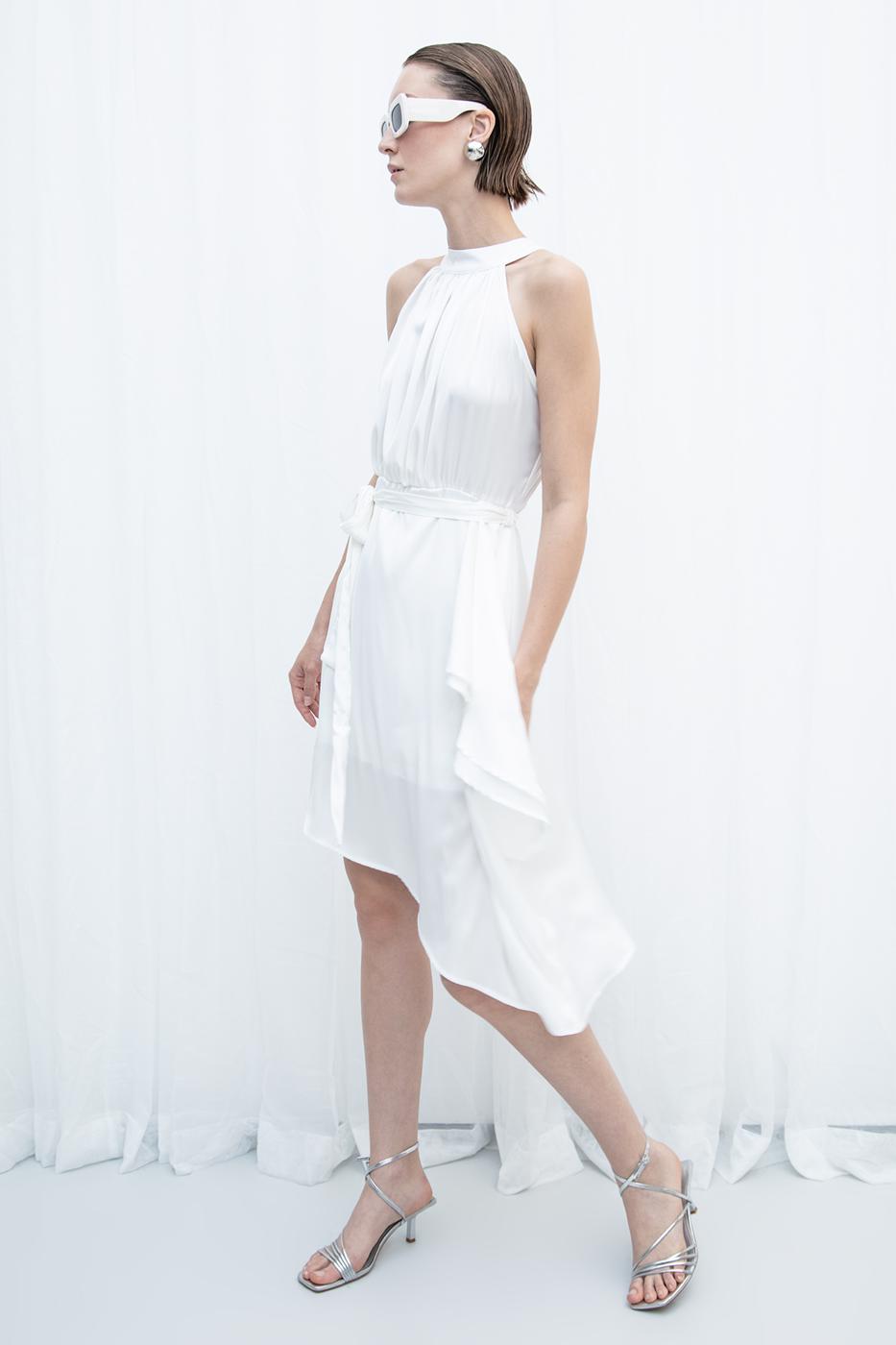 Satin Dress with Asymmetrical Hem Detail