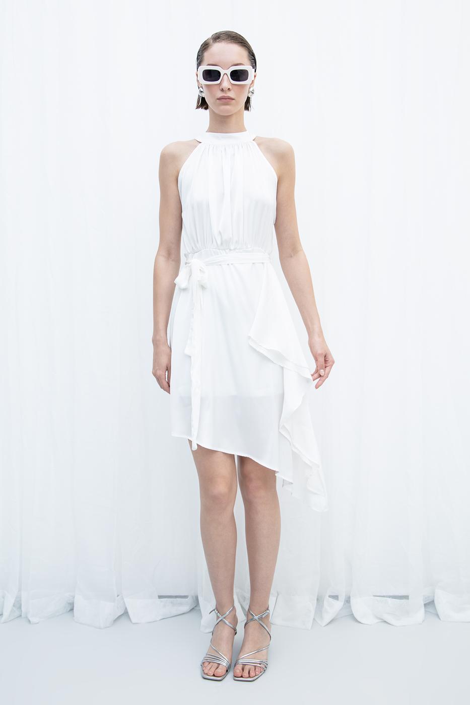 Satin Dress with Asymmetrical Hem Detail