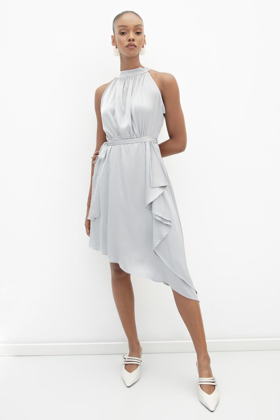 Satin Dress with Asymmetrical Hem Detail
