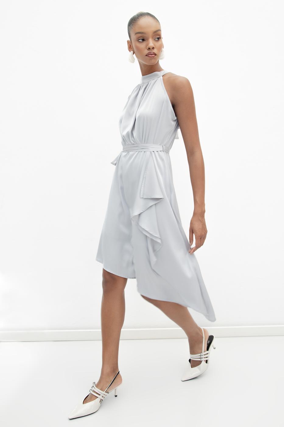 Satin Dress with Asymmetrical Hem Detail