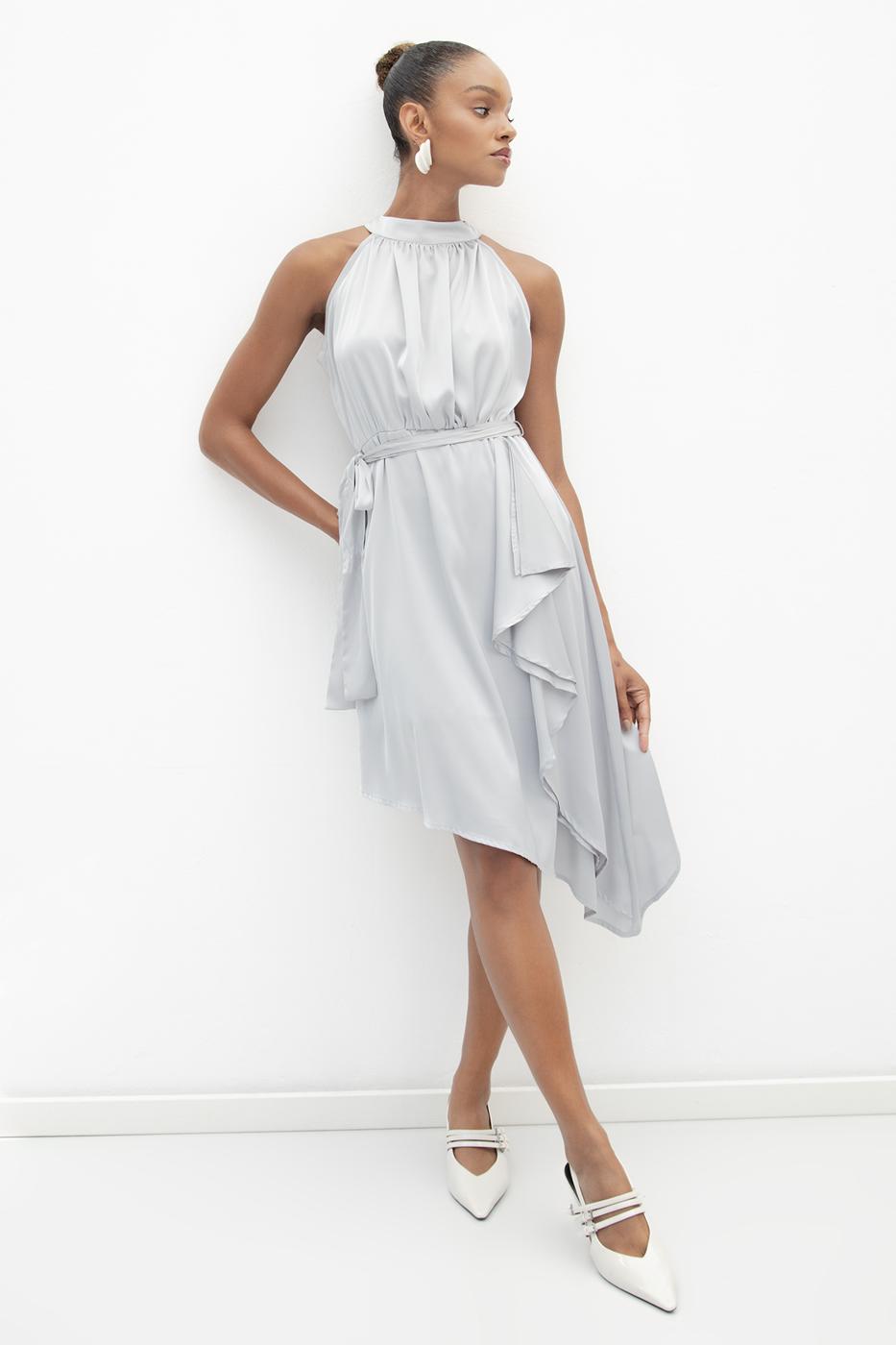 Satin Dress with Asymmetrical Hem Detail