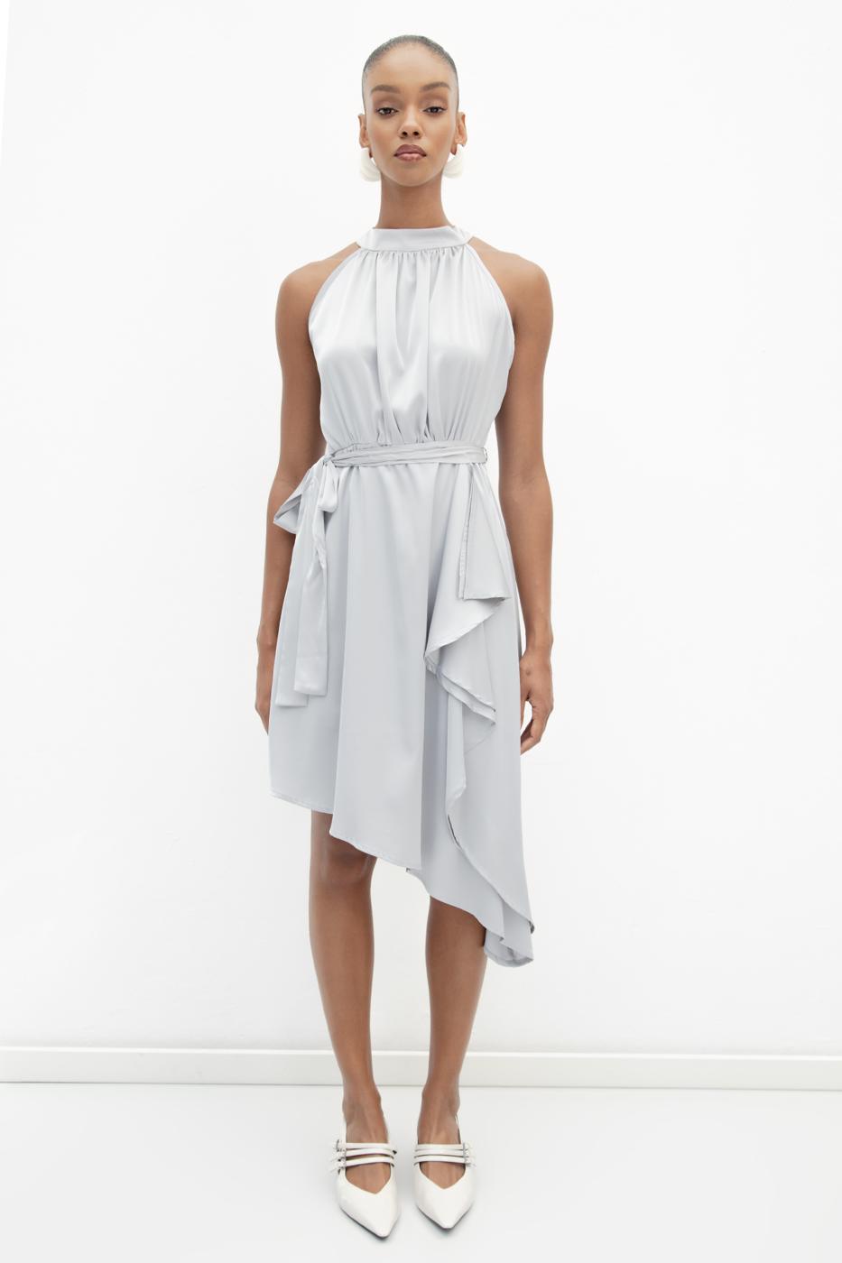 Satin Dress with Asymmetrical Hem Detail