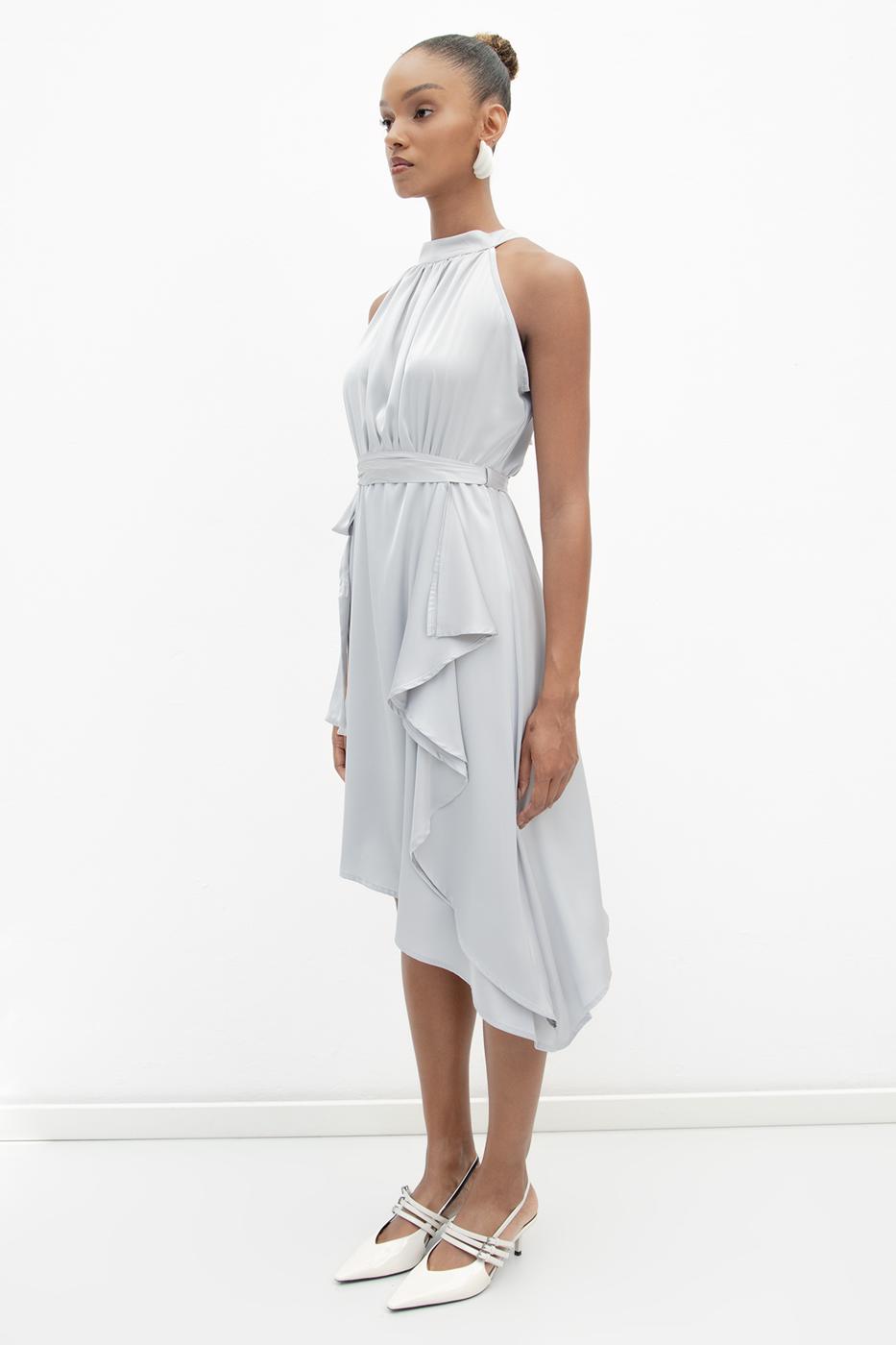 Satin Dress with Asymmetrical Hem Detail